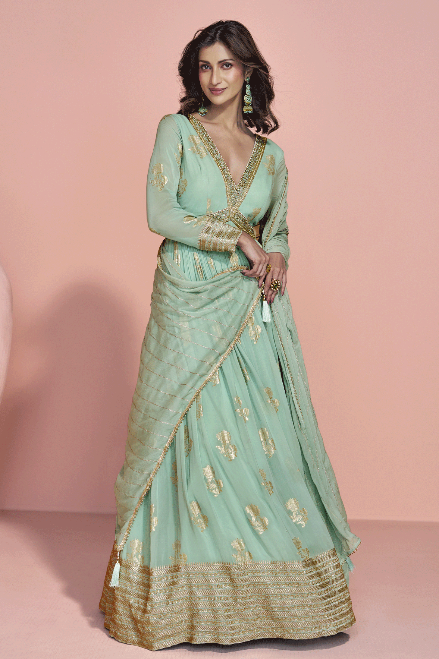Green Readymade Viscose Silk Gown with Dupatta-SS808_3_SareeButa.com