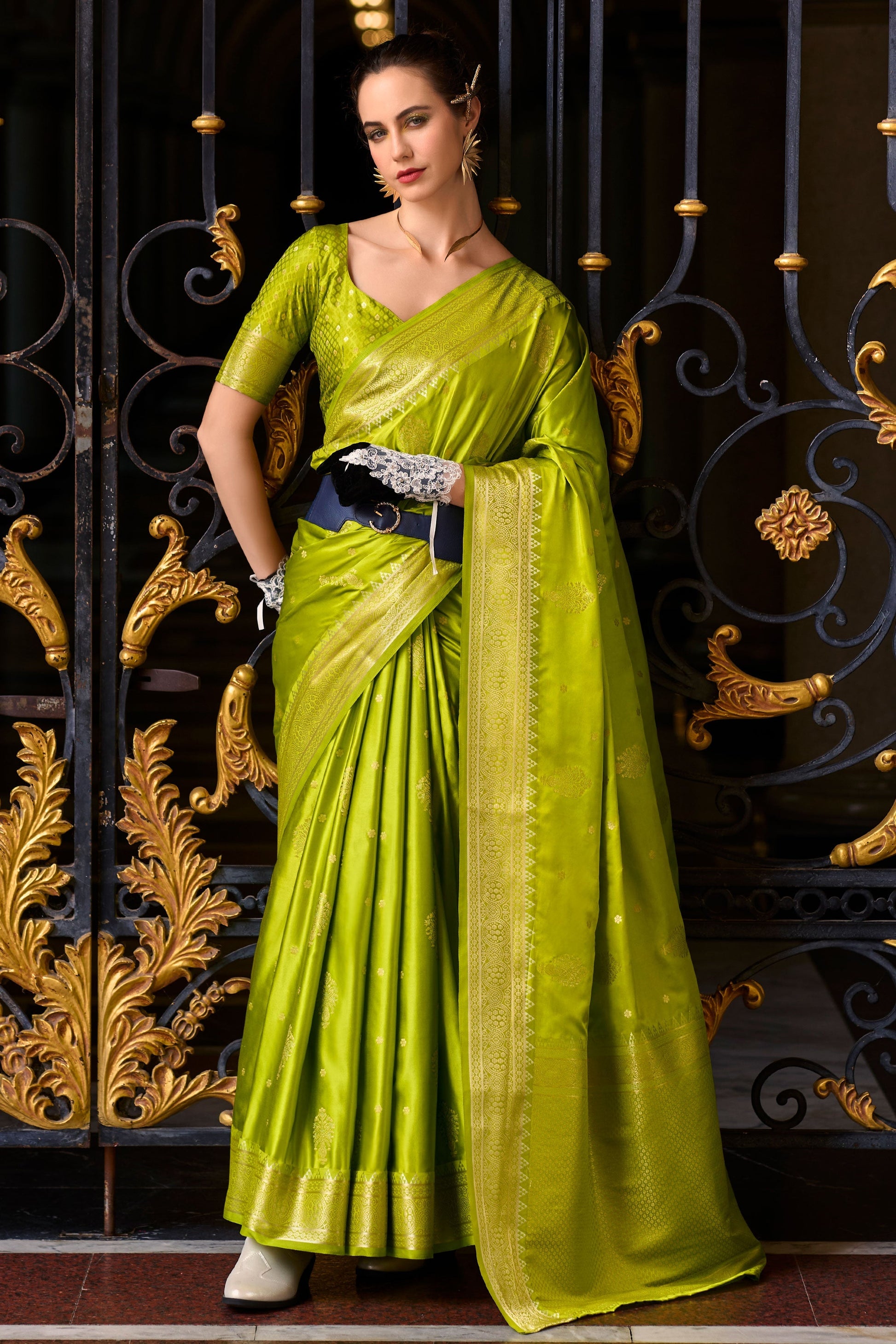 Green Woven Satin Crepe Saree-ZB133070_1_SareeButa.com