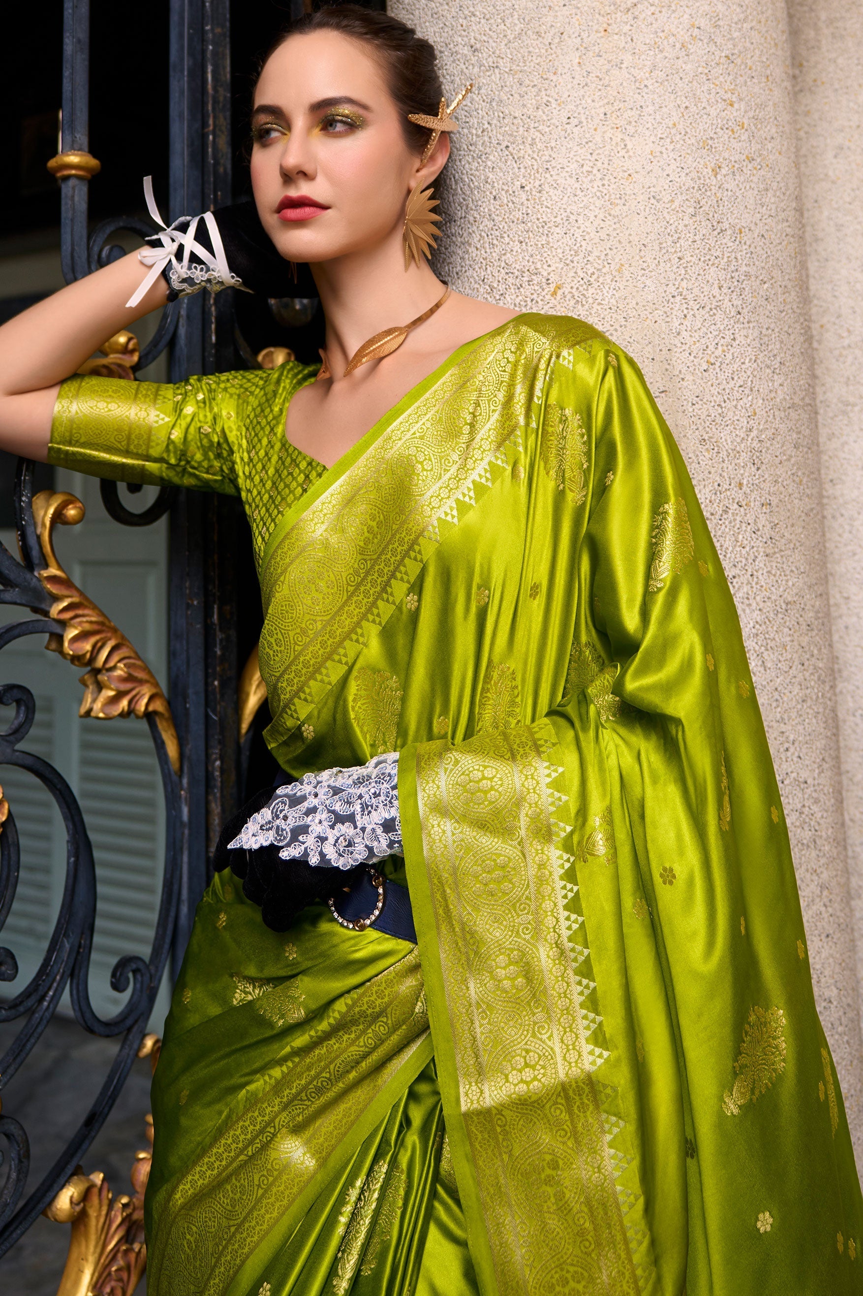 Green Woven Satin Crepe Saree-ZB133070_2_SareeButa.com