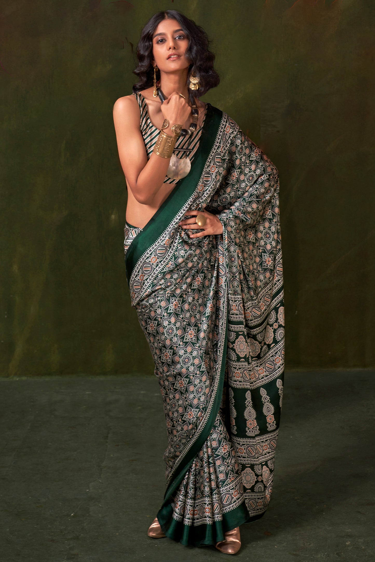 Green Ajarakh Print Satin Crepe Saree-SAR12412_1_SareeButa.com