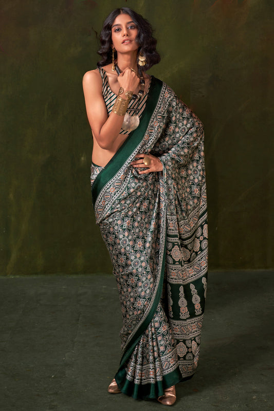 Green Ajarakh Print Satin Crepe Saree-SAR12412_1_SareeButa.com
