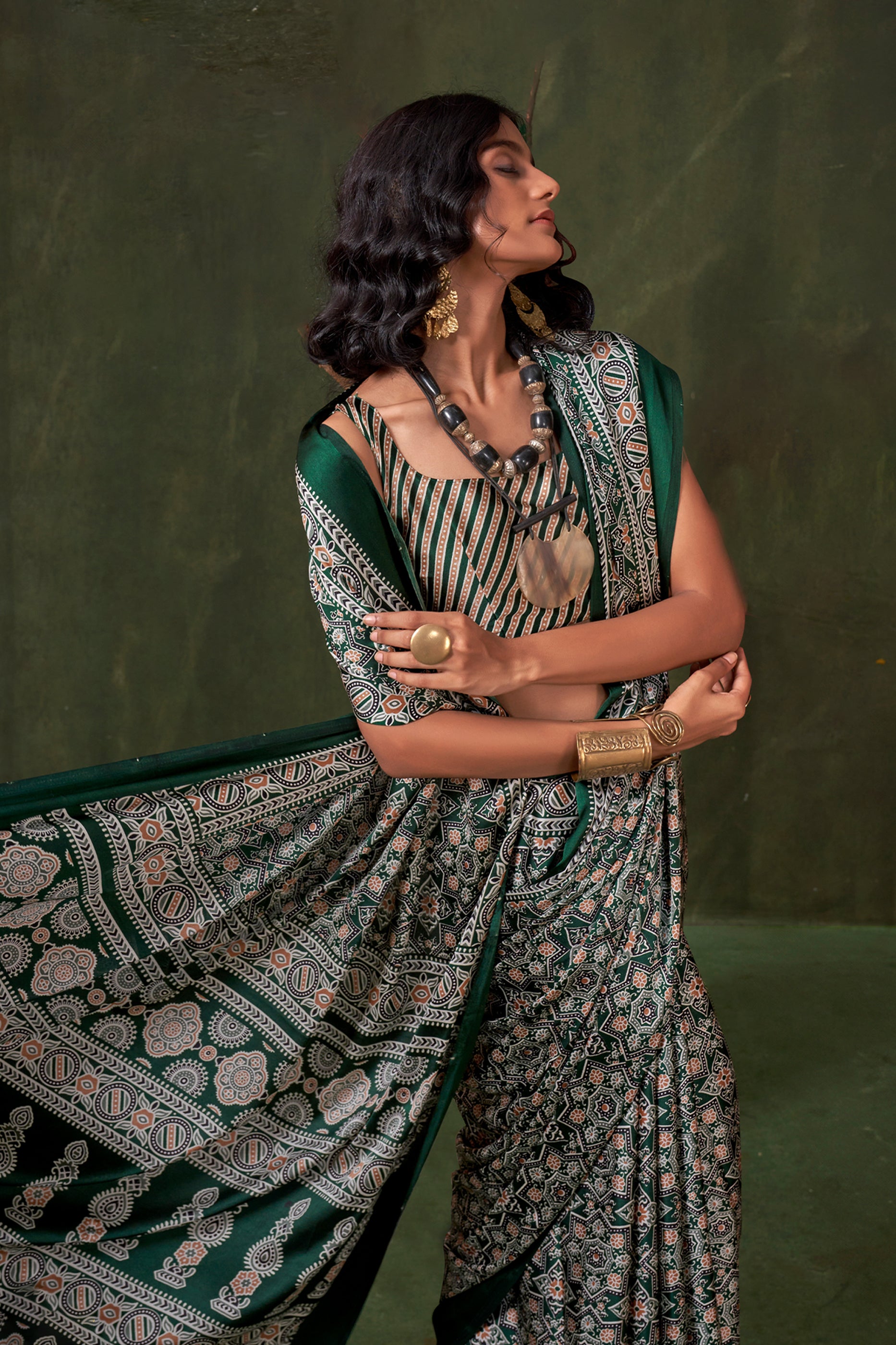 Green Ajarakh Print Satin Crepe Saree-SAR12412_2_SareeButa.com