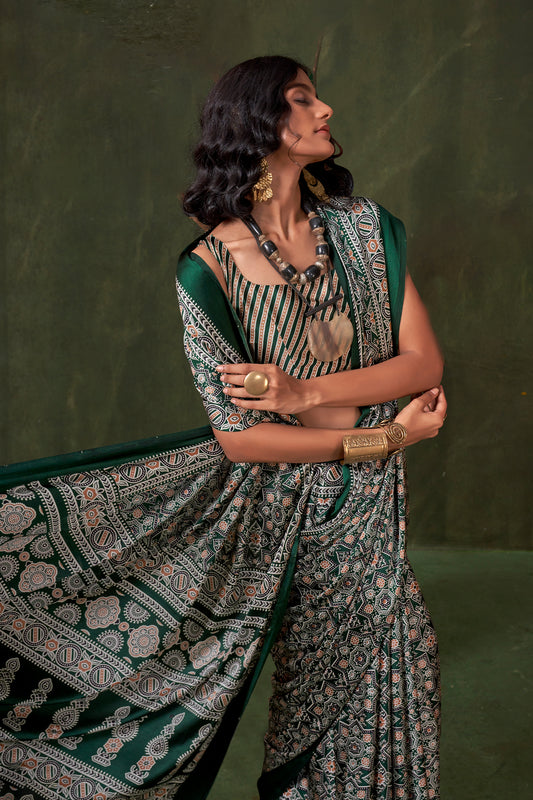 Green Ajarakh Print Satin Crepe Saree-SAR12412_2_SareeButa.com