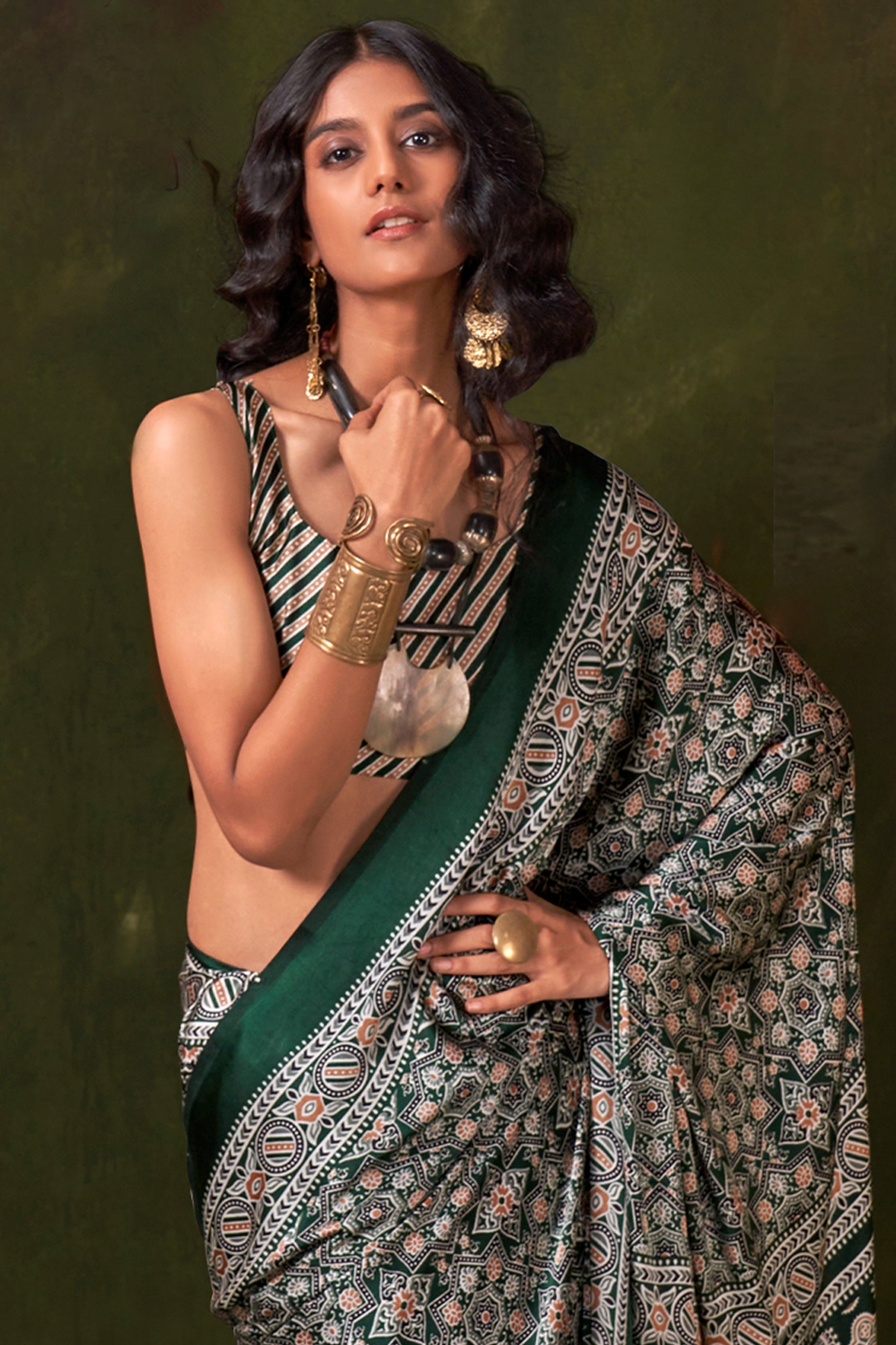 Green Ajarakh Print Satin Crepe Saree-SAR12412_3_SareeButa.com
