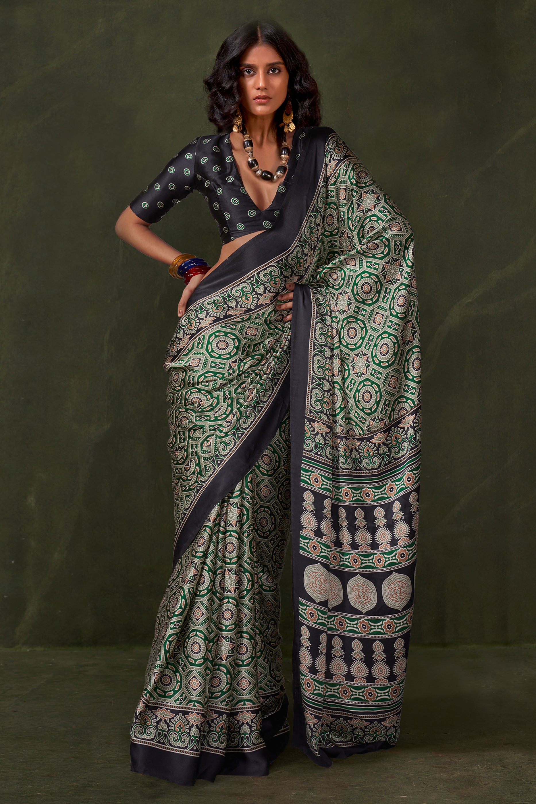 Green Ajarakh Print Satin Crepe Saree-SAR12417_1_SareeButa.com
