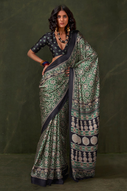 Green Ajarakh Print Satin Crepe Saree-SAR12417_1_SareeButa.com