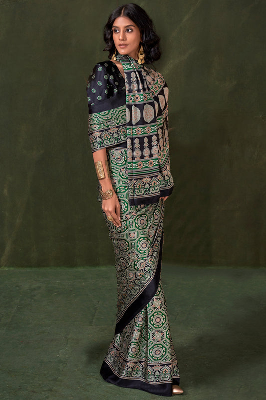 Green Ajarakh Print Satin Crepe Saree-SAR12417_2_SareeButa.com