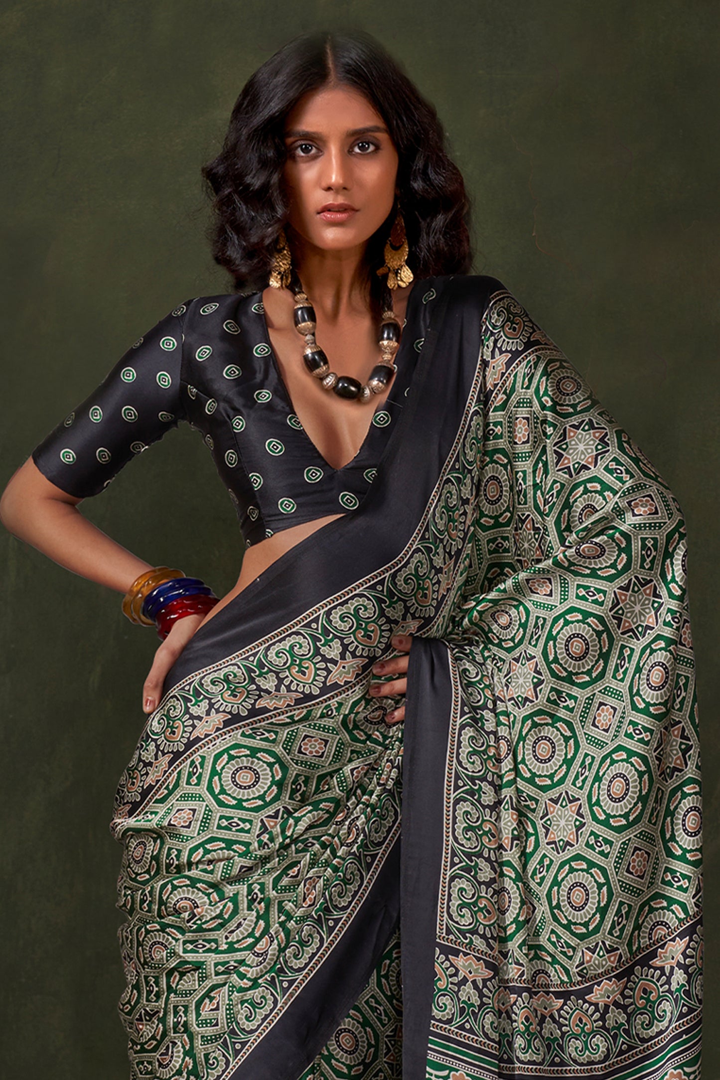 Green Ajarakh Print Satin Crepe Saree-SAR12417_3_SareeButa.com