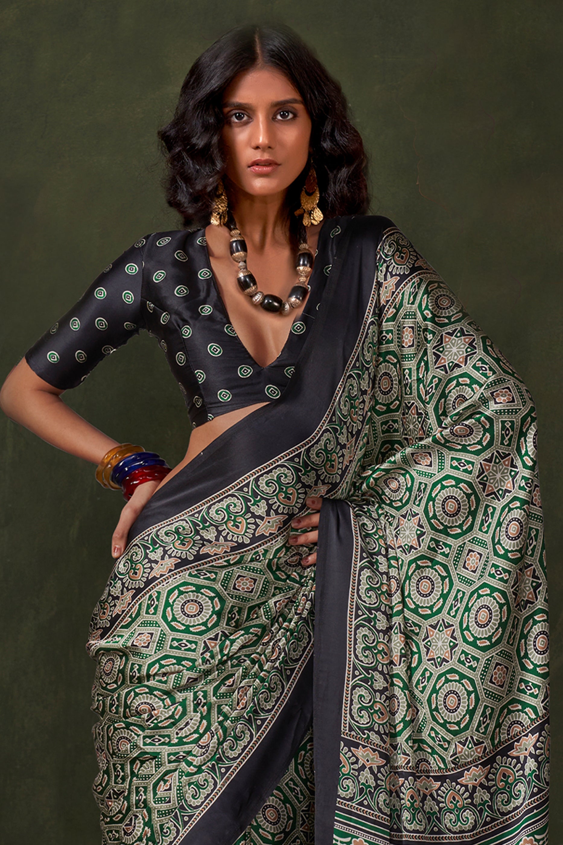 Green Ajarakh Print Satin Crepe Saree-SAR12417_3_SareeButa.com