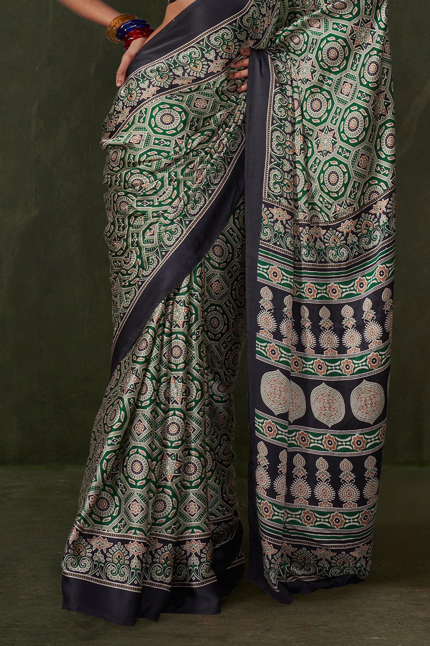 Green Ajarakh Print Satin Crepe Saree-SAR12417_4_SareeButa.com