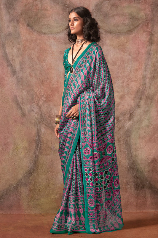 Green Ajarakh Print Satin Georgette Saree-SAR12432_1_SareeButa.com
