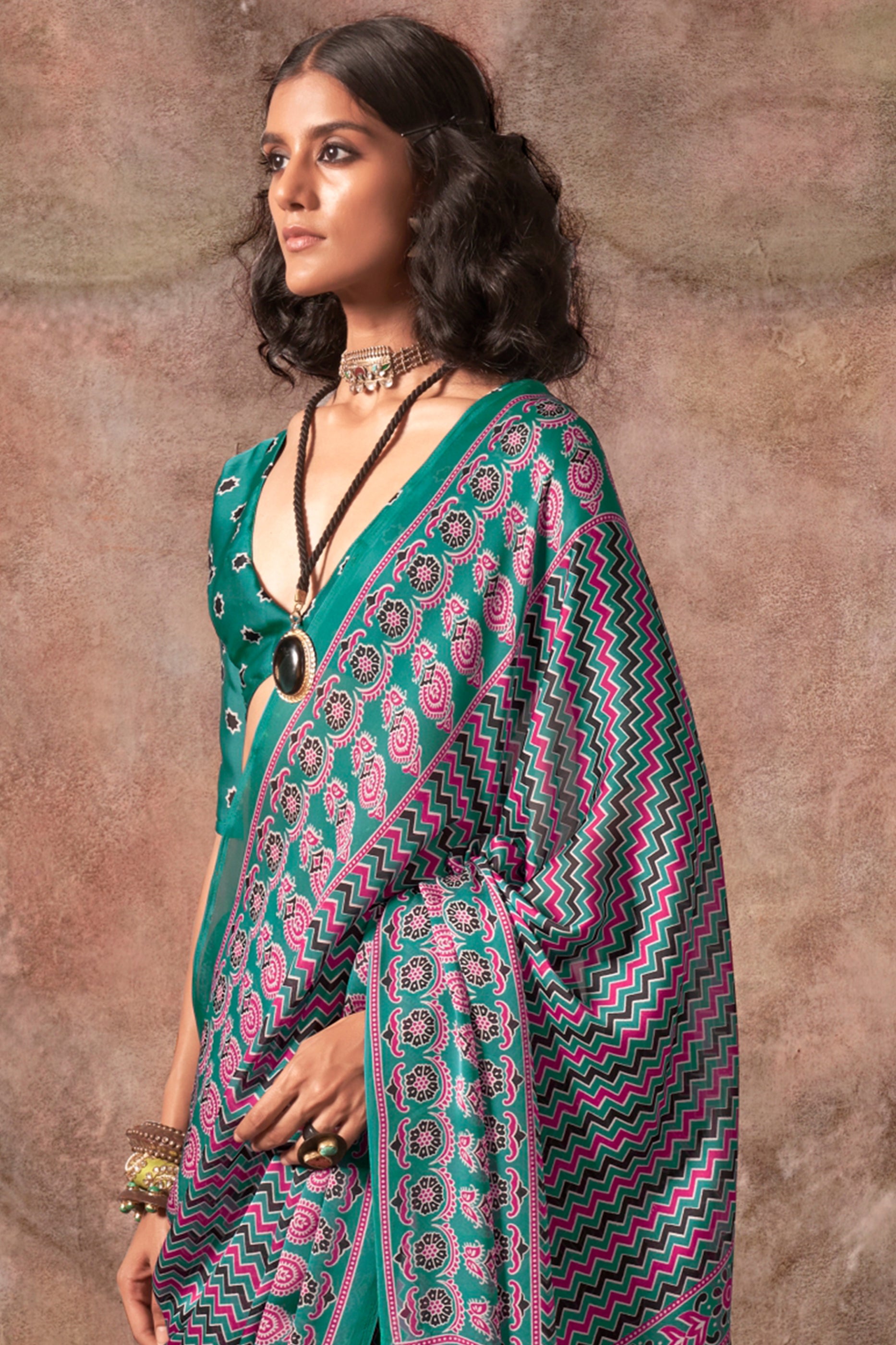 Green Ajarakh Print Satin Georgette Saree-SAR12432_3_SareeButa.com