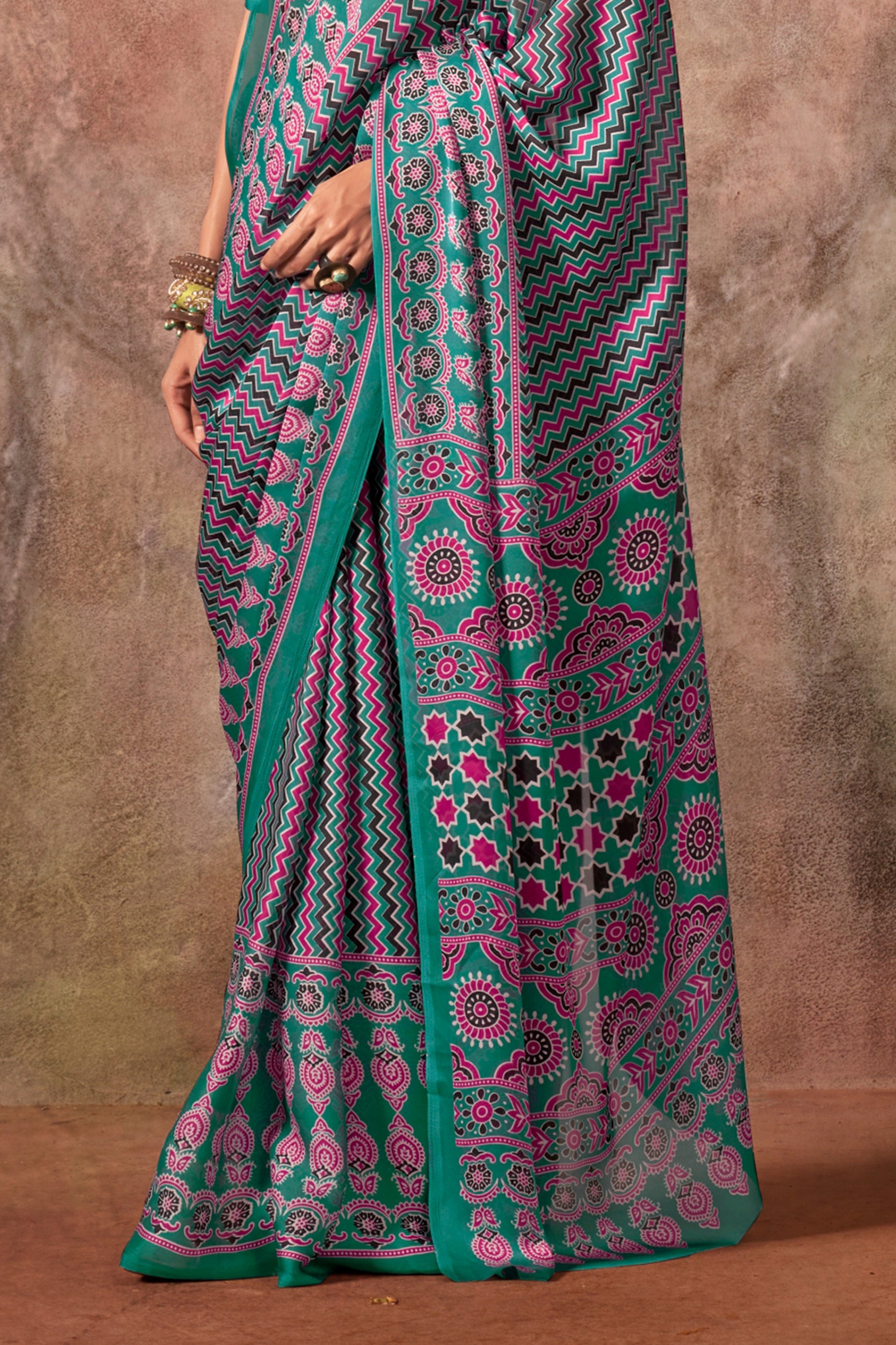 Green Ajarakh Print Satin Georgette Saree-SAR12432_4_SareeButa.com