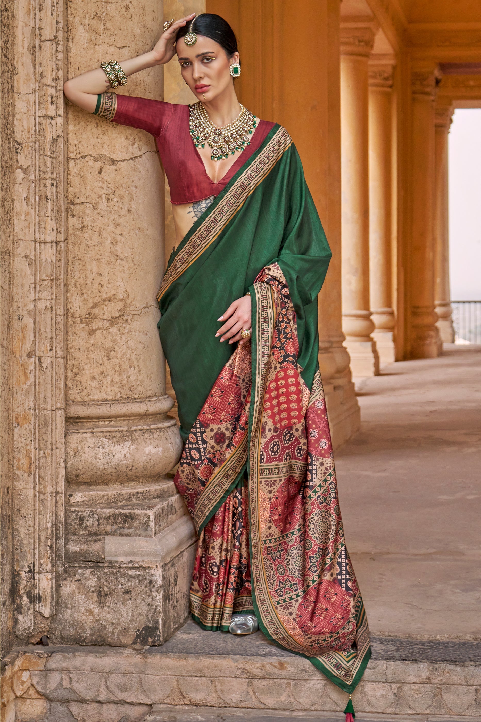Green Ajarakh Printed Viscose Silk Saree-SAR10142_1_SareeButa.com