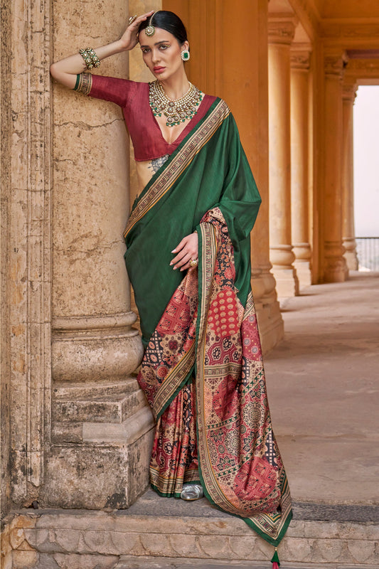 Green Ajarakh Printed Viscose Silk Saree-SAR10142_1_SareeButa.com