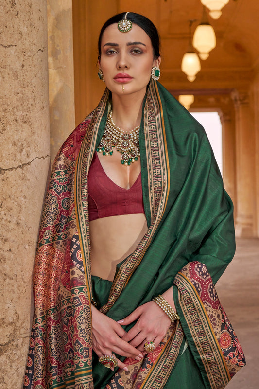 Green Ajarakh Printed Viscose Silk Saree-SAR10142_2_SareeButa.com
