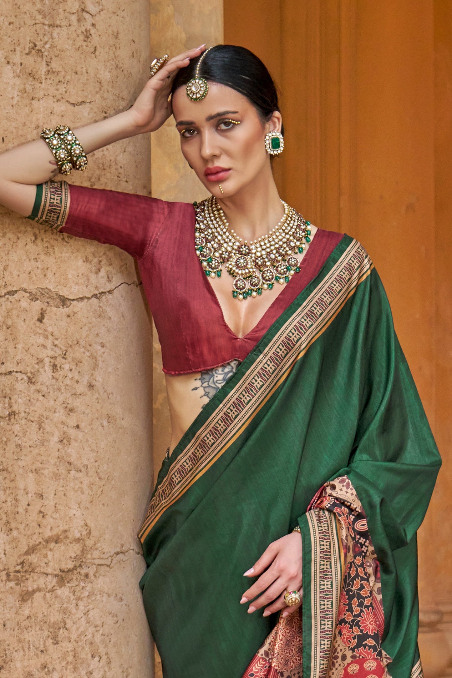 Green Ajarakh Printed Viscose Silk Saree-SAR10142_3_SareeButa.com