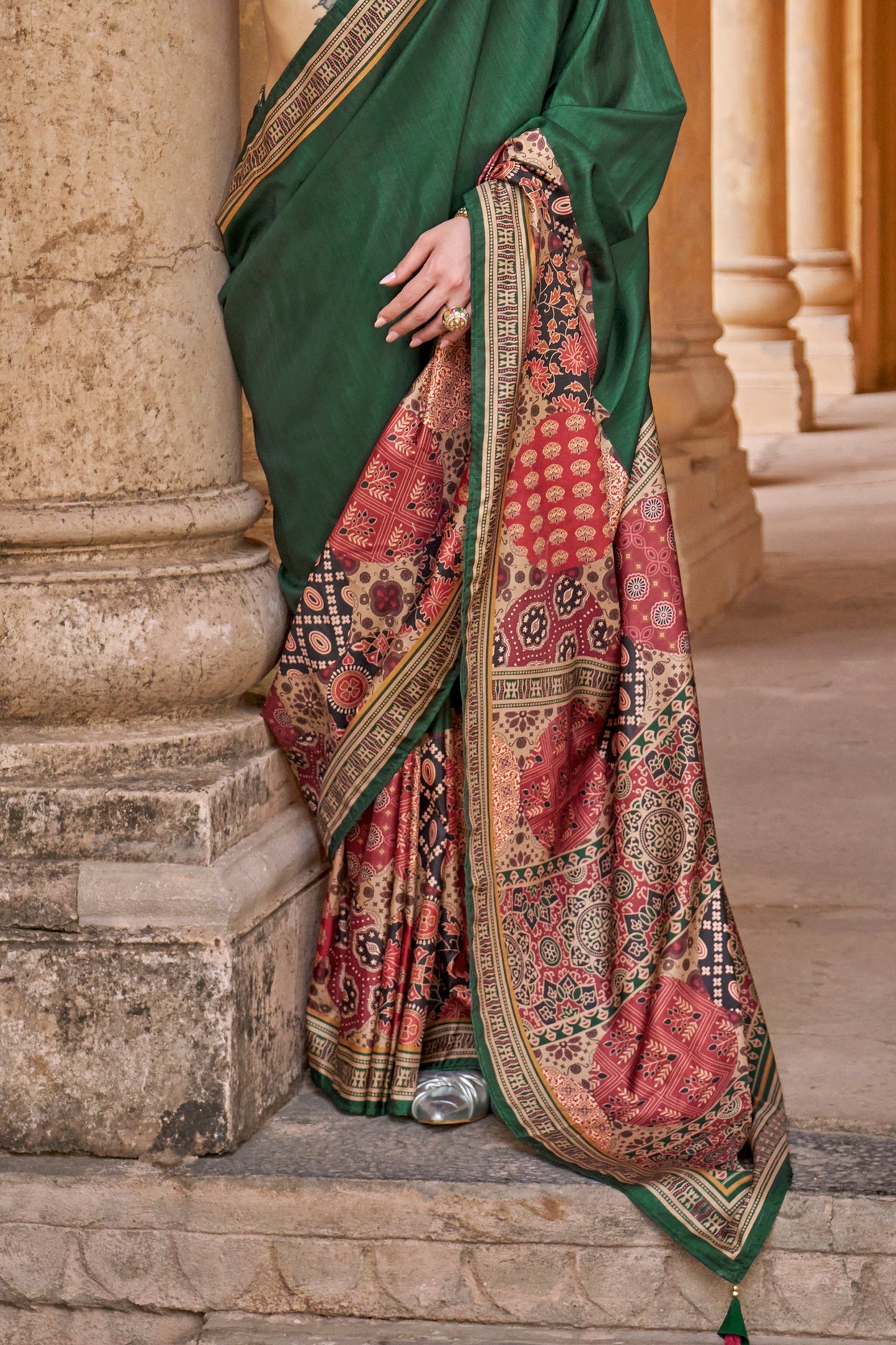Green Ajarakh Printed Viscose Silk Saree-SAR10142_4_SareeButa.com