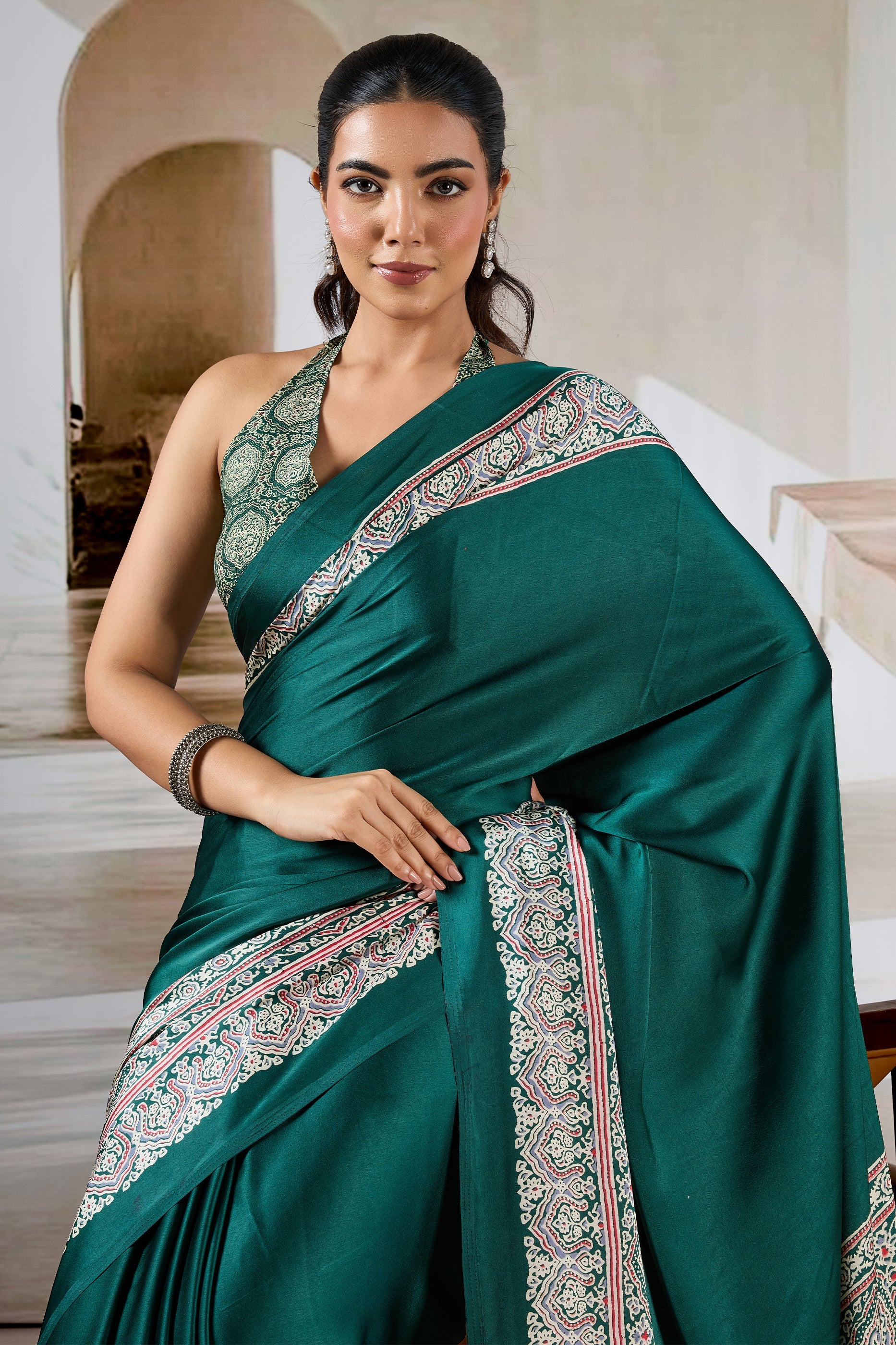 Green Ajrakh Print Satin Saree-SAR11484_2_SareeButa.com