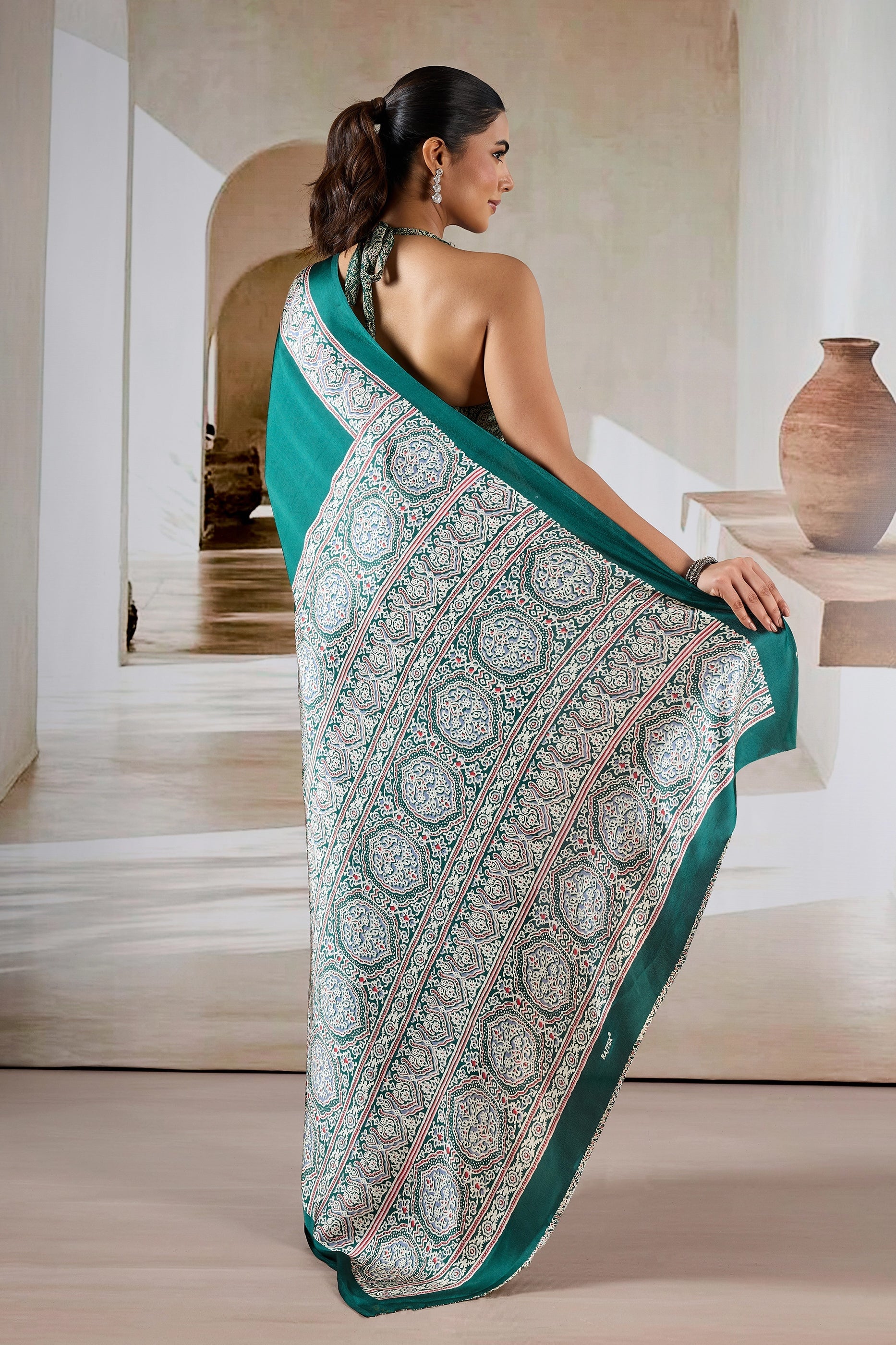 Green Ajrakh Print Satin Saree-SAR11484_3_SareeButa.com