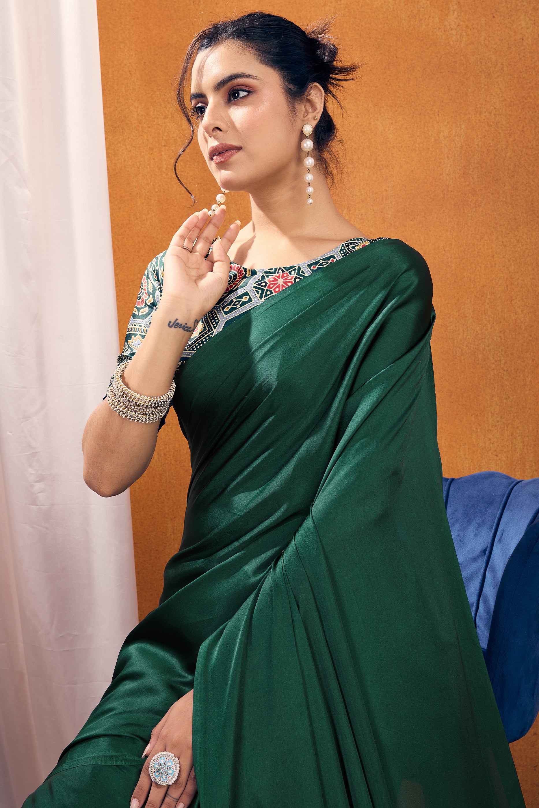 Green Ajrakh Print Satin Saree-SAR11818_2_SareeButa.com