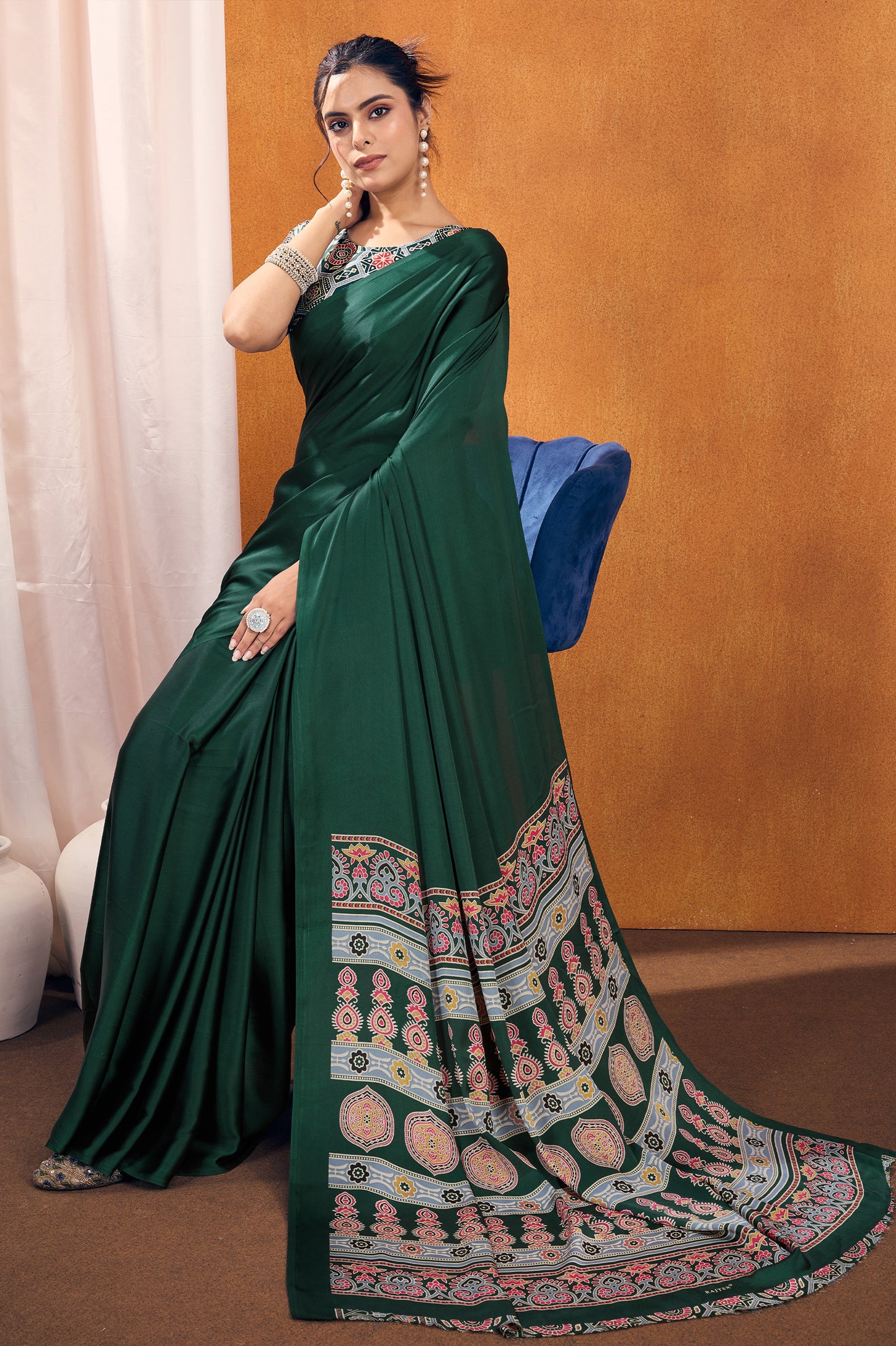 Green Ajrakh Print Satin Saree-SAR11818_3_SareeButa.com