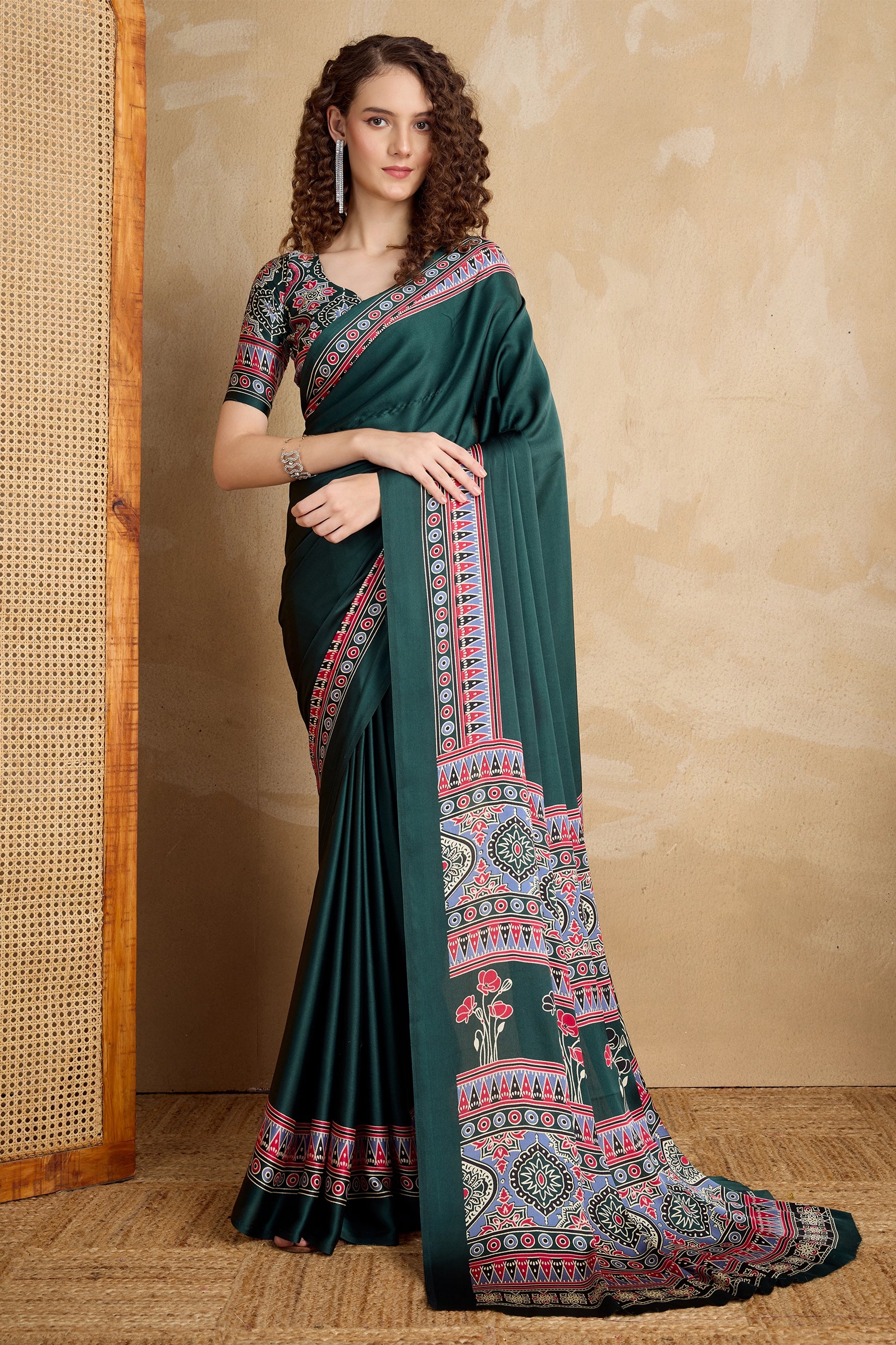 Green Ajrakh Print Satin Saree-SAR11822_1_SareeButa.com