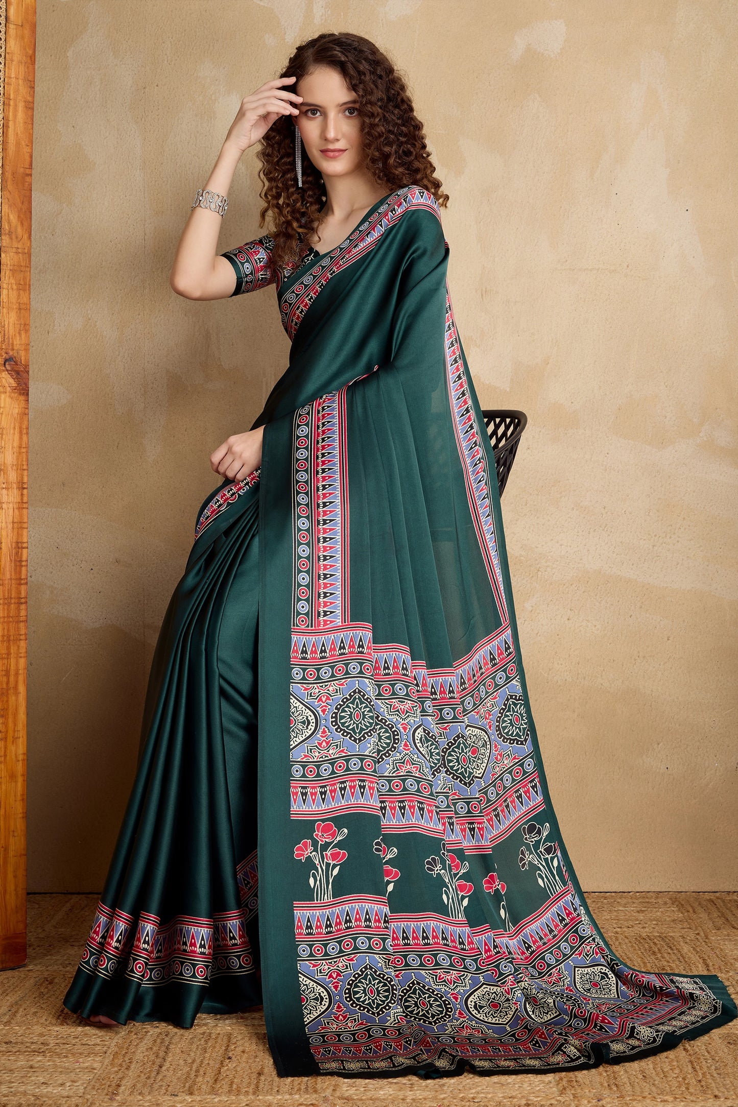 Green Ajrakh Print Satin Saree-SAR11822_3_SareeButa.com