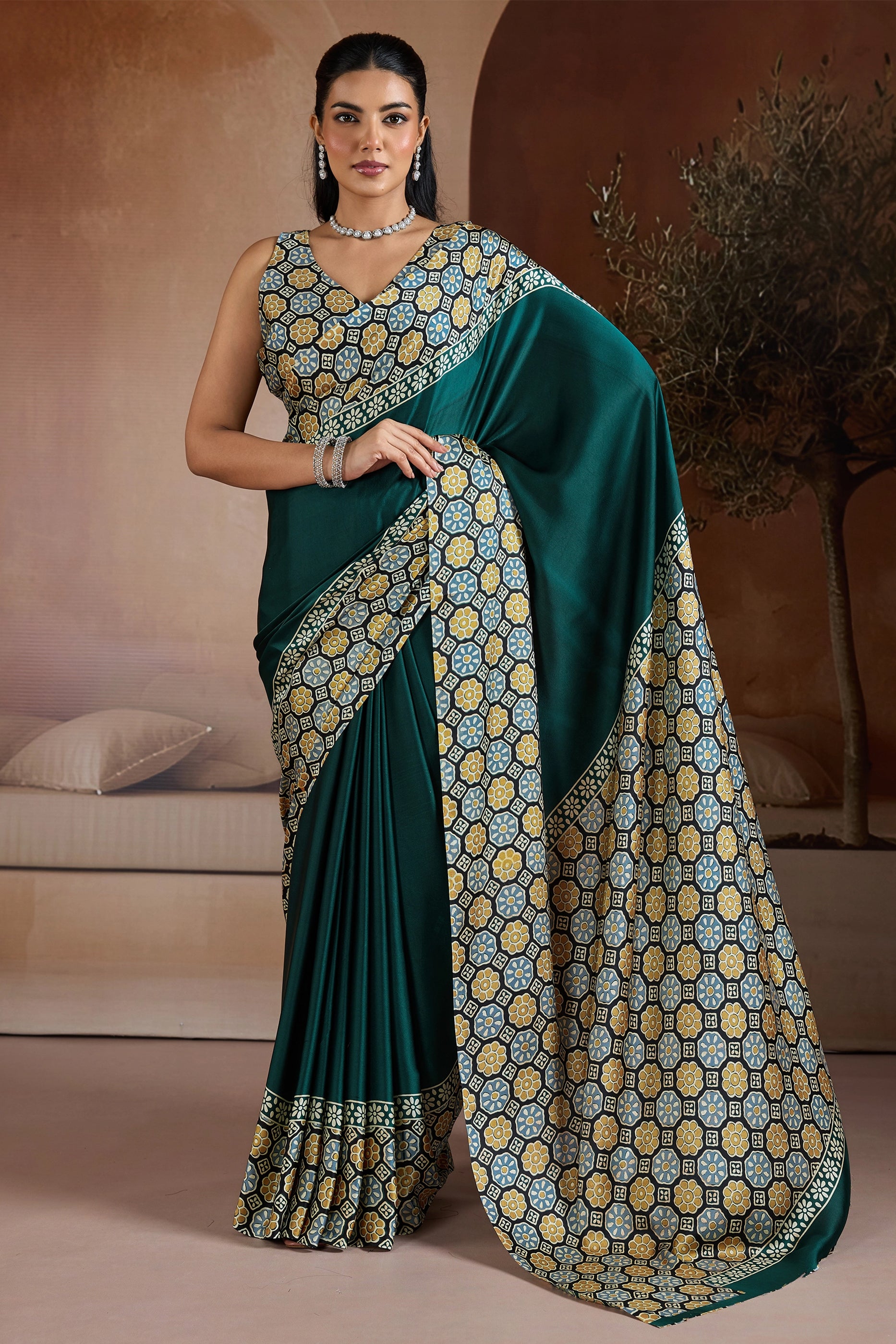 Green Ajrakh Print Satin Saree-SAR11840_1_SareeButa.com