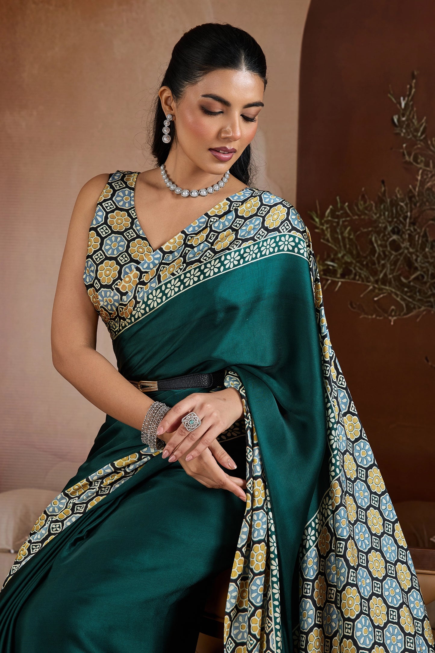 Green Ajrakh Print Satin Saree-SAR11840_2_SareeButa.com