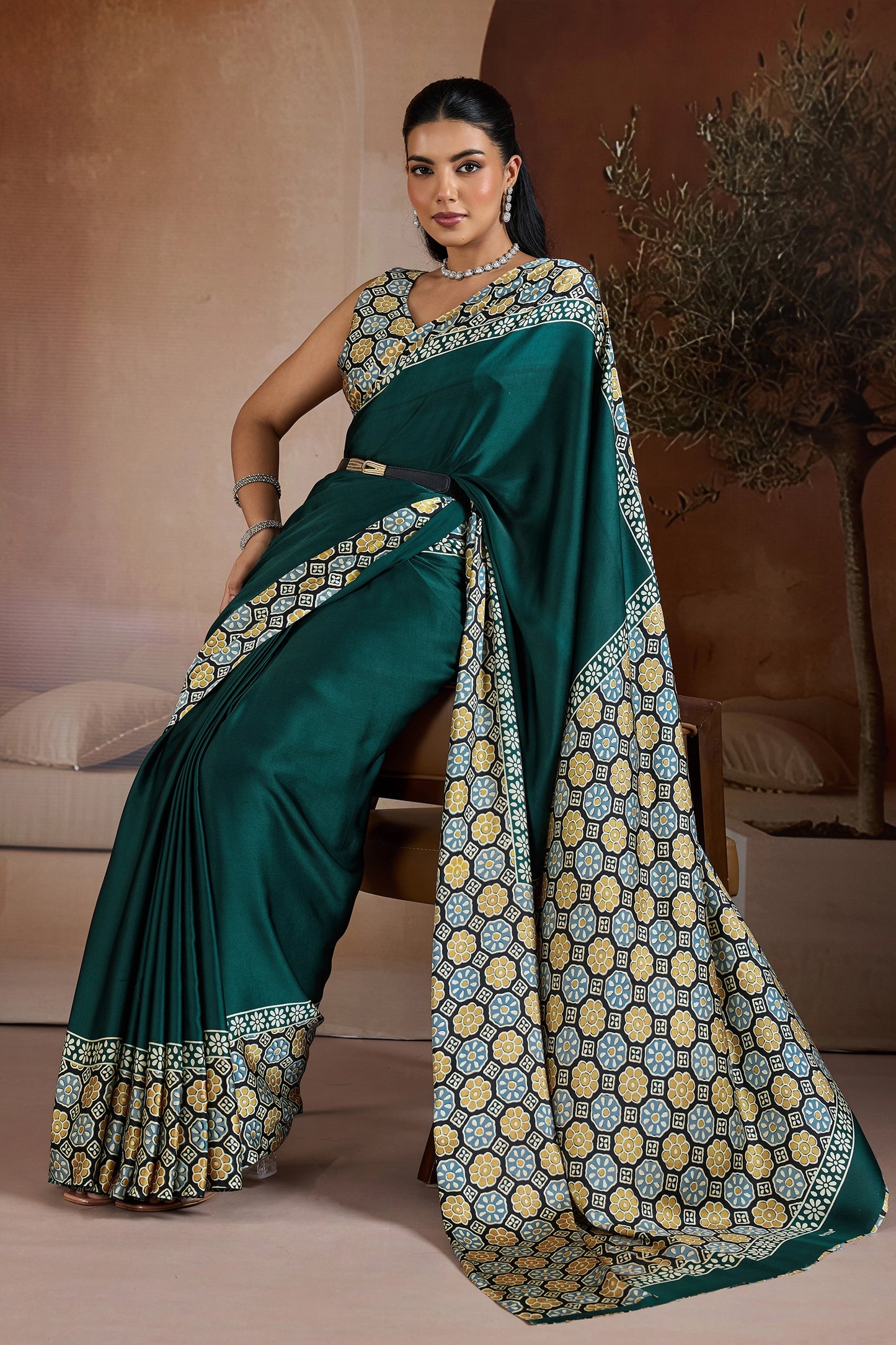 Green Ajrakh Print Satin Saree-SAR11840_3_SareeButa.com