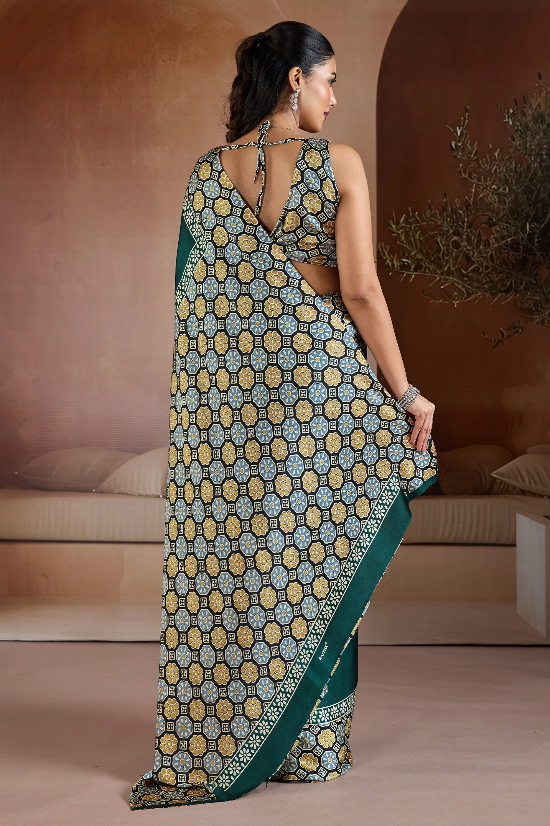 Green Ajrakh Print Satin Saree-SAR11840_5_SareeButa.com
