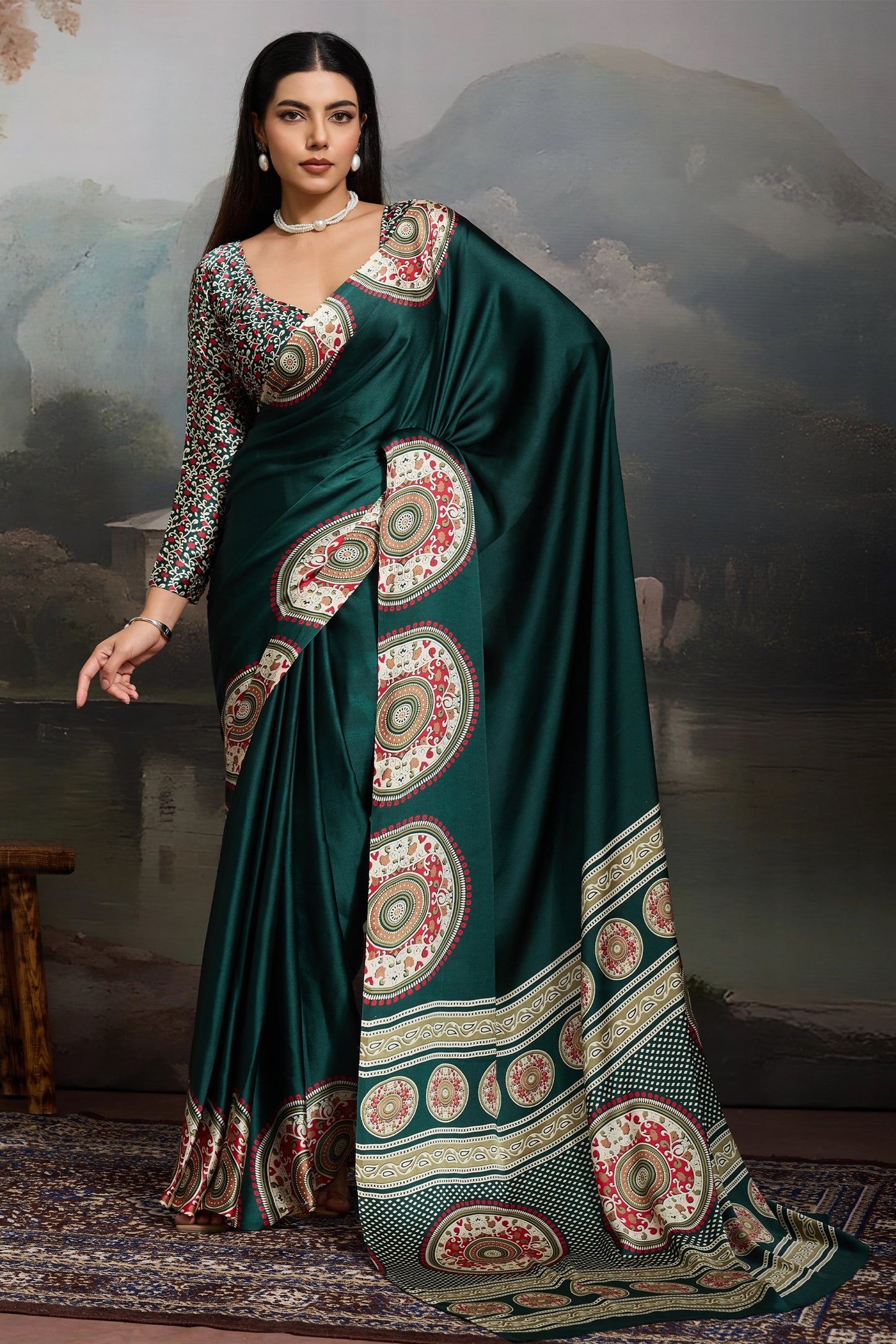 Green Ajrakh Print Satin Saree-SAR11863_1_SareeButa.com