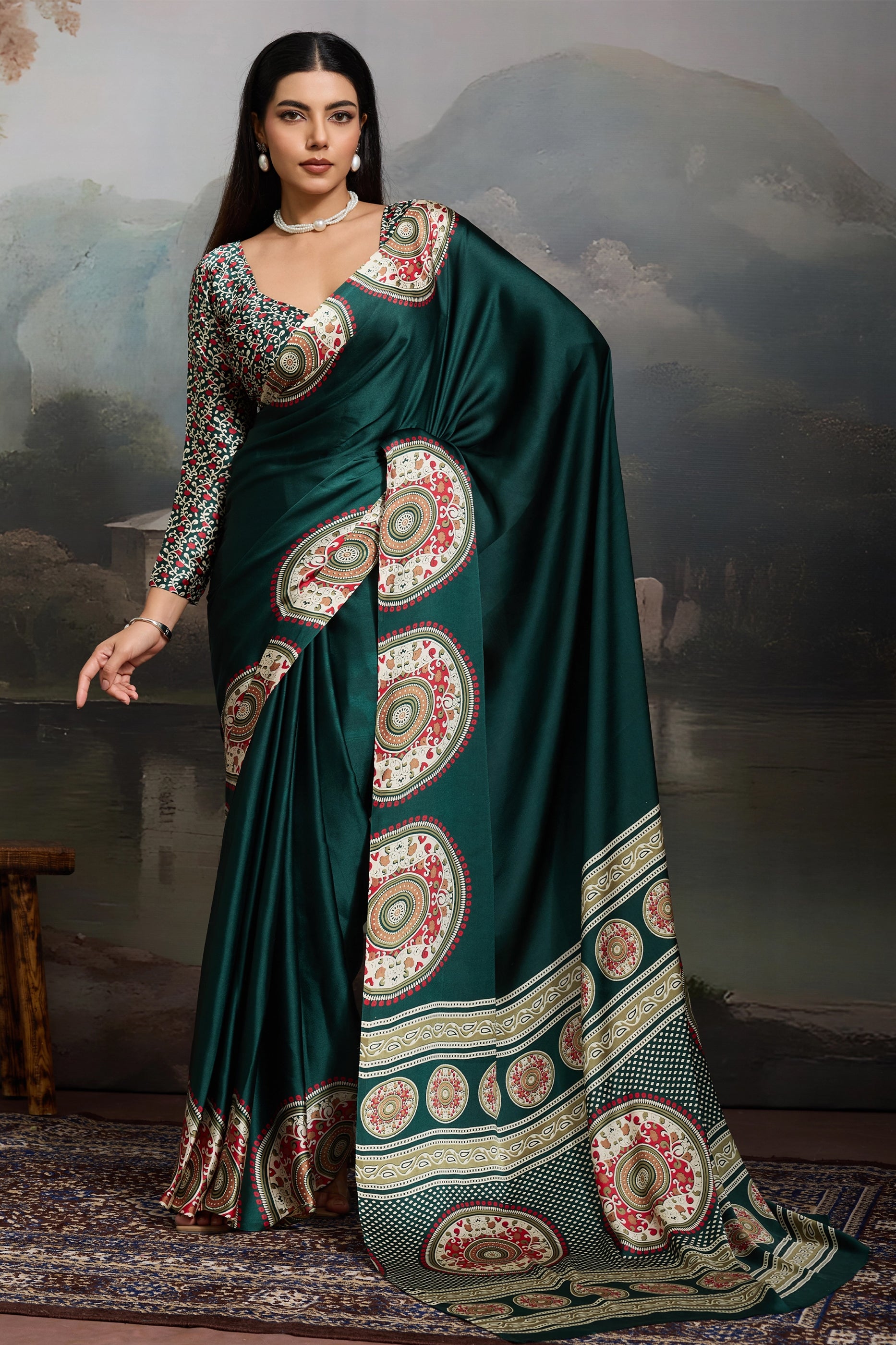 Green Ajrakh Print Satin Saree-SAR11863_1_SareeButa.com