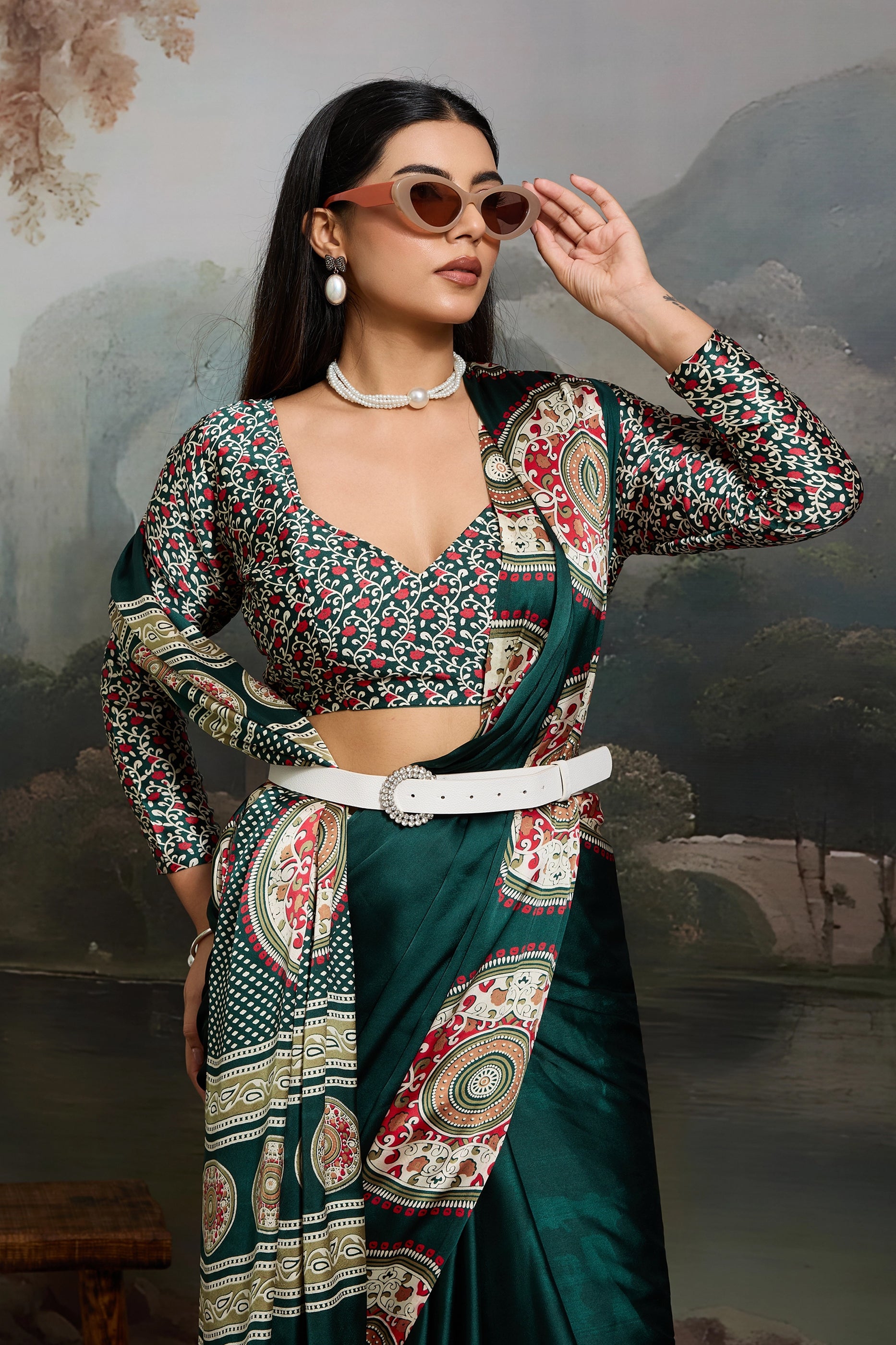 Green Ajrakh Print Satin Saree-SAR11863_2_SareeButa.com