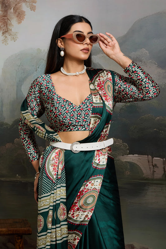 Green Ajrakh Print Satin Saree-SAR11863_2_SareeButa.com