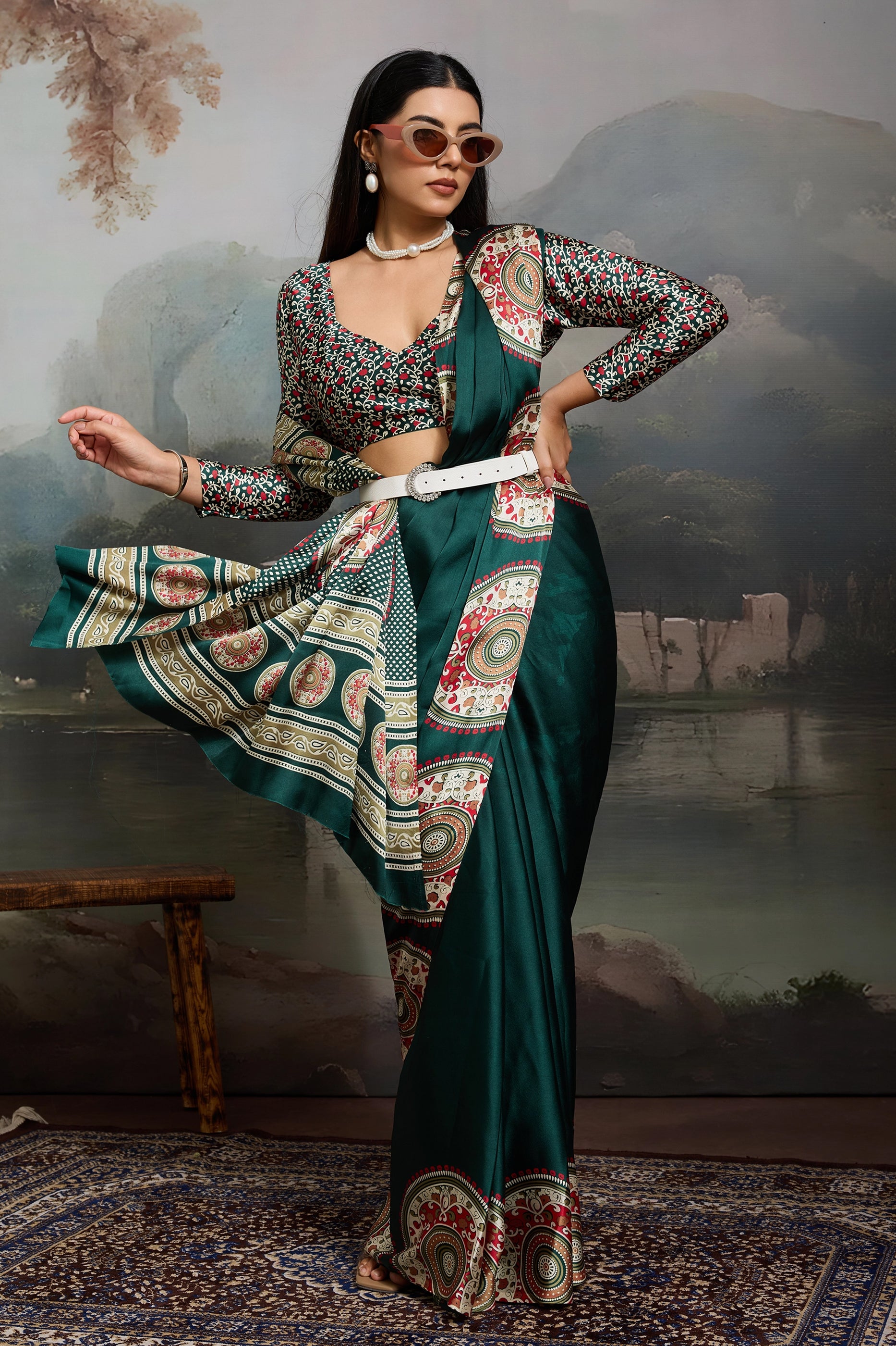 Green Ajrakh Print Satin Saree-SAR11863_3_SareeButa.com
