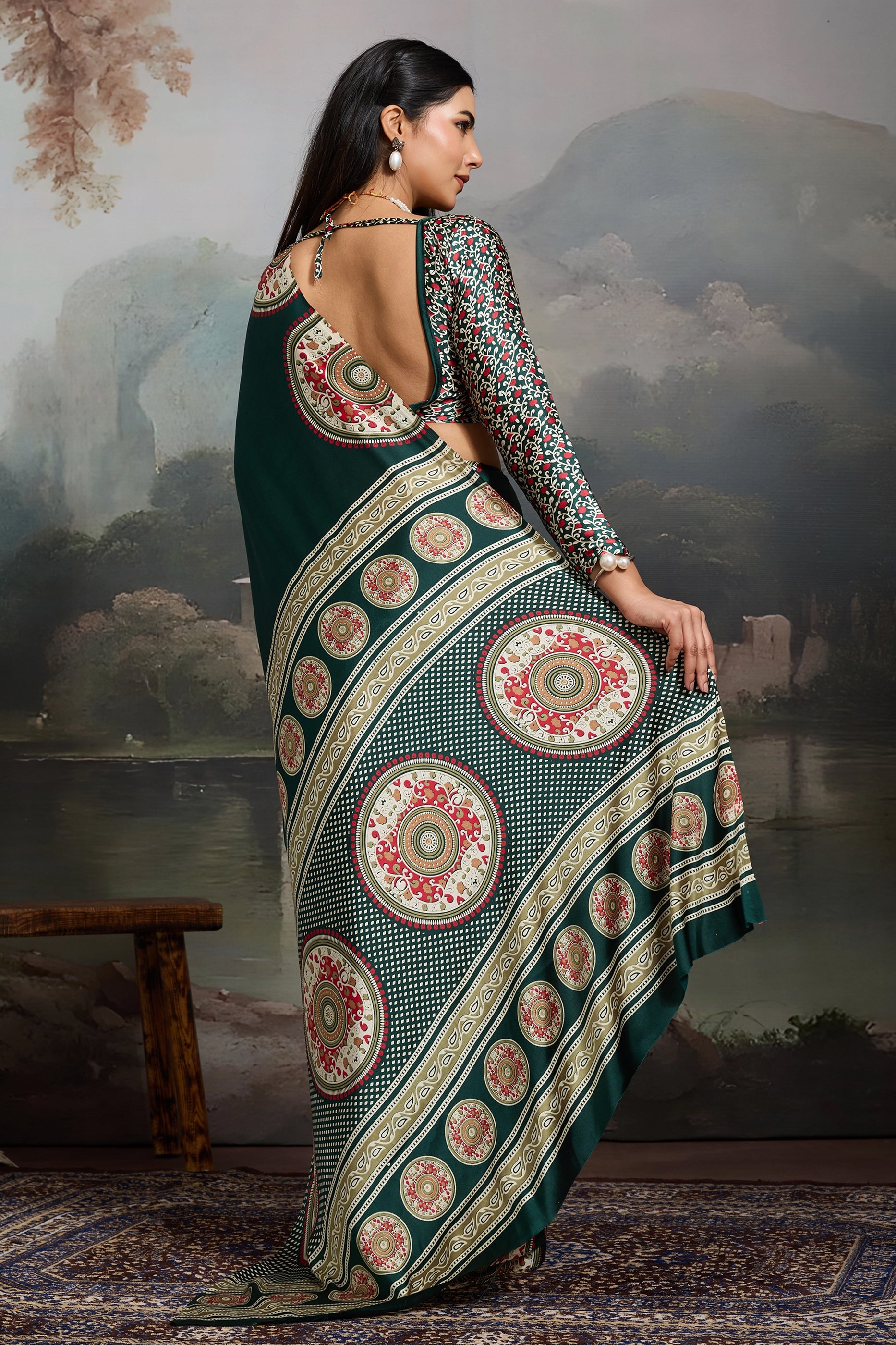 Green Ajrakh Print Satin Saree-SAR11863_4_SareeButa.com