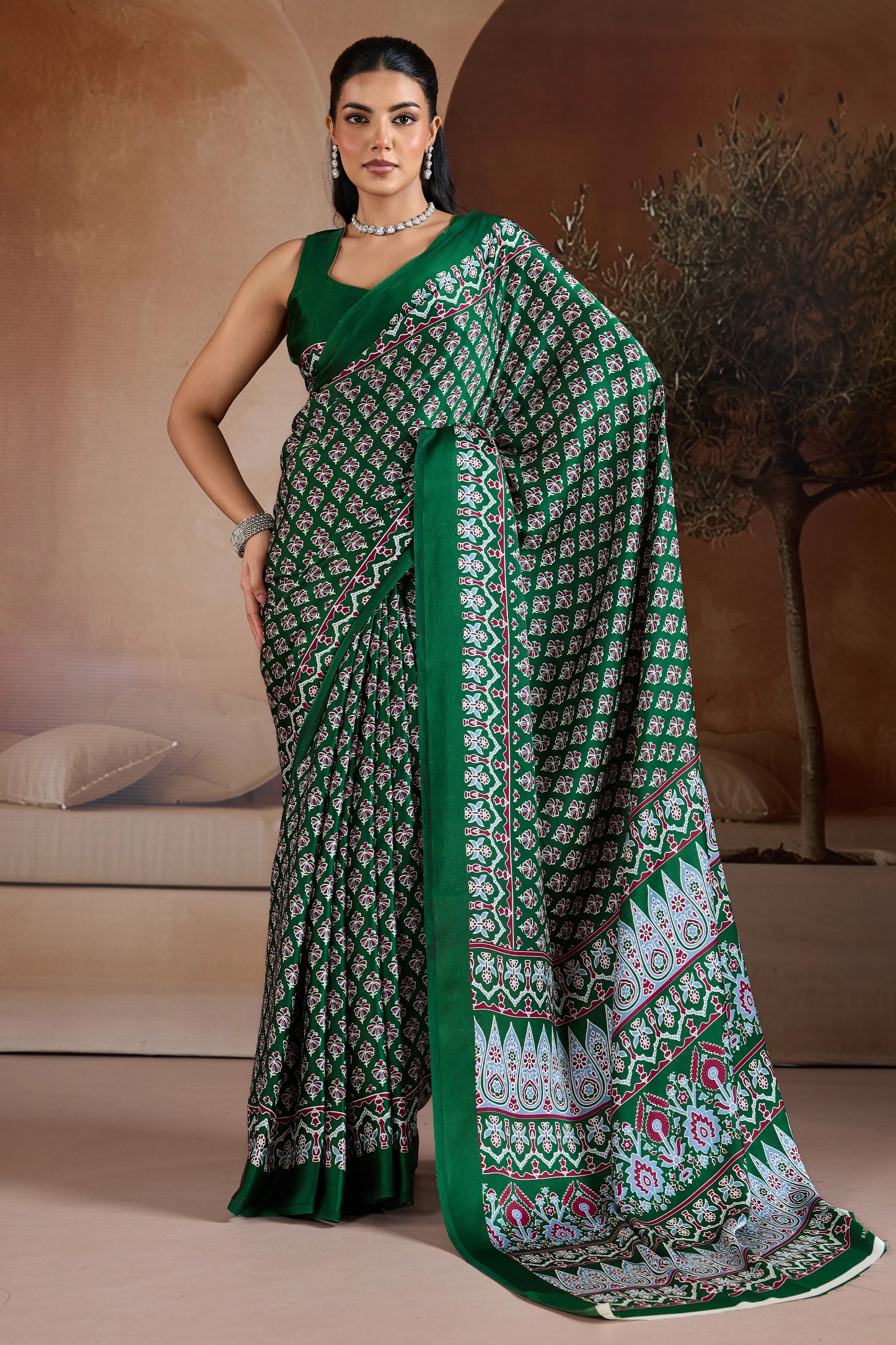 Green Ajrakh Print Satin Saree-SAR11899_1_SareeButa.com