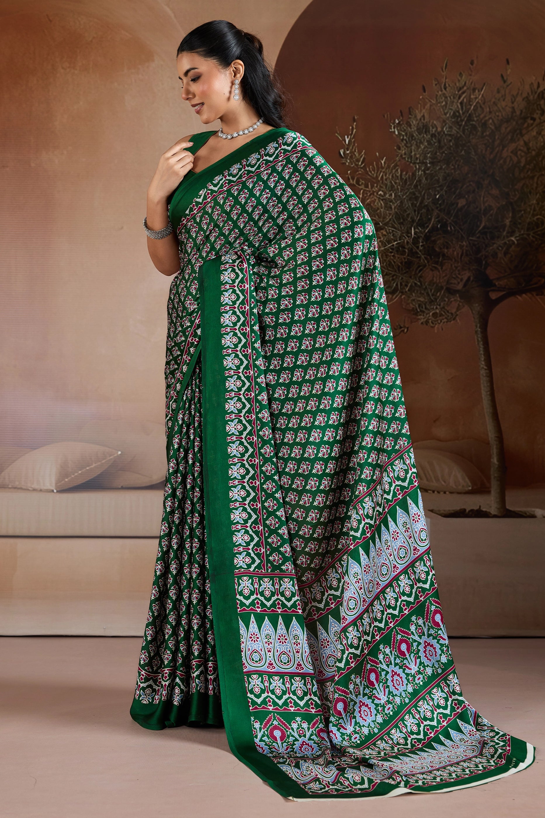 Green Ajrakh Print Satin Saree-SAR11899_3_SareeButa.com