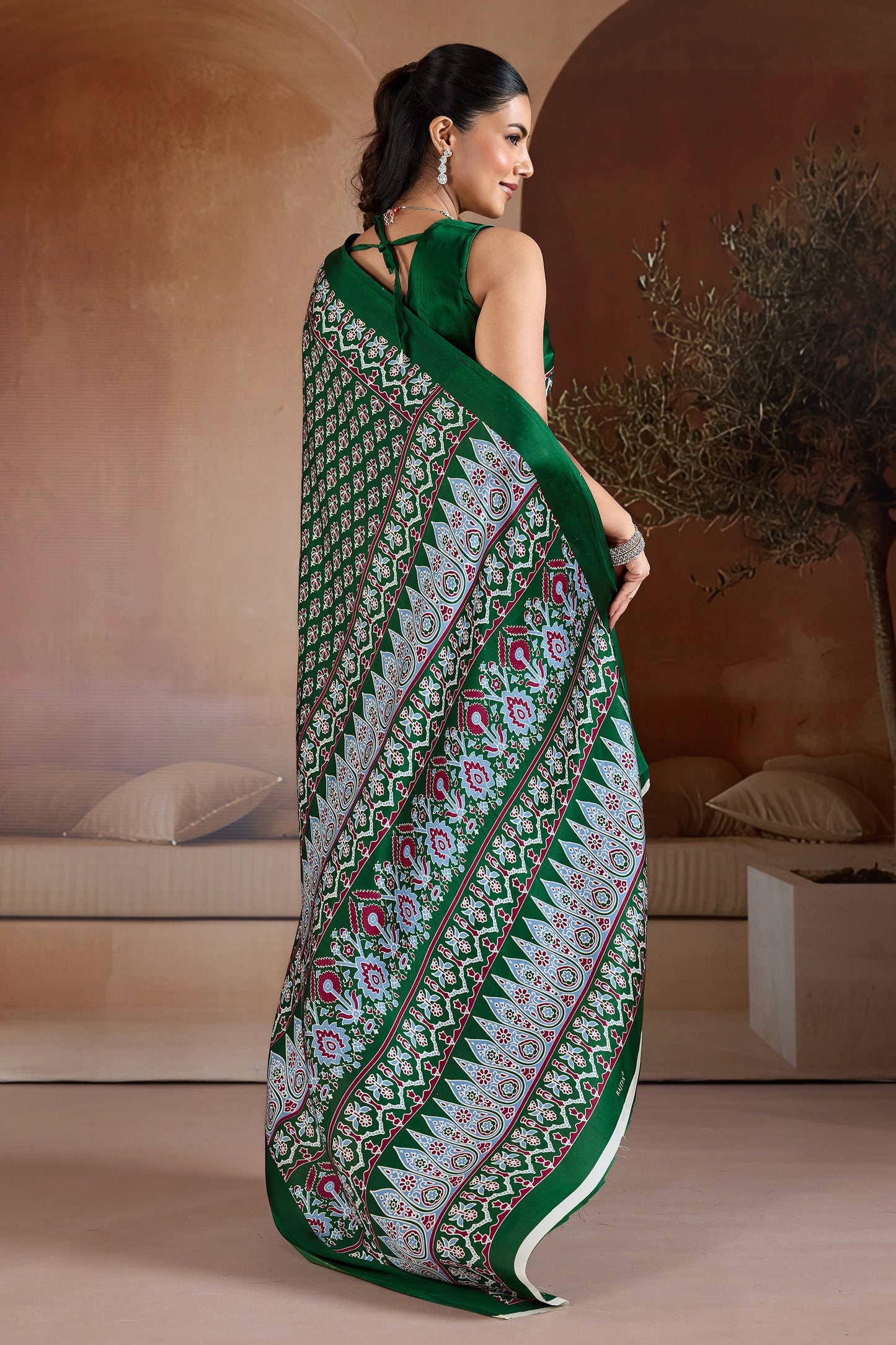 Green Ajrakh Print Satin Saree-SAR11899_5_SareeButa.com