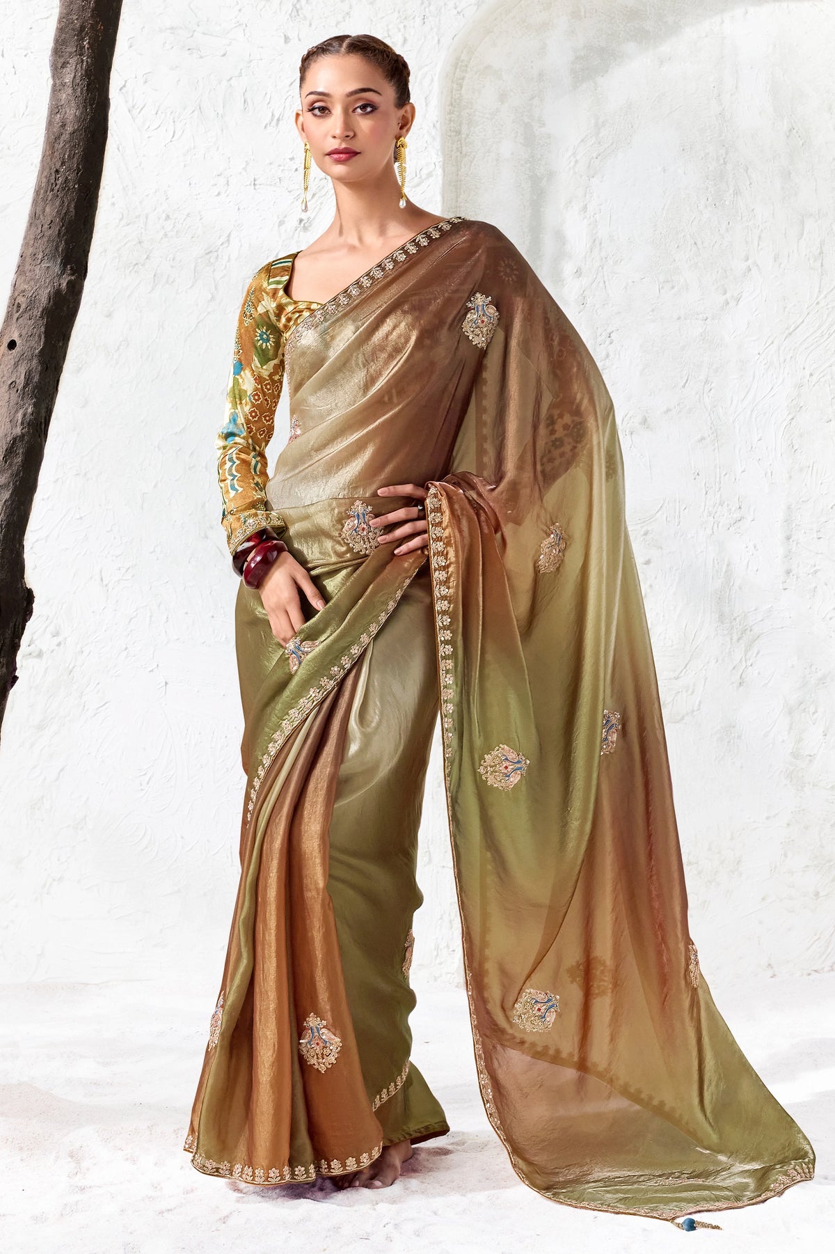 Green And Brown Embroidered Tissue Silk Saree-SAR13157_1_SareeButa.com