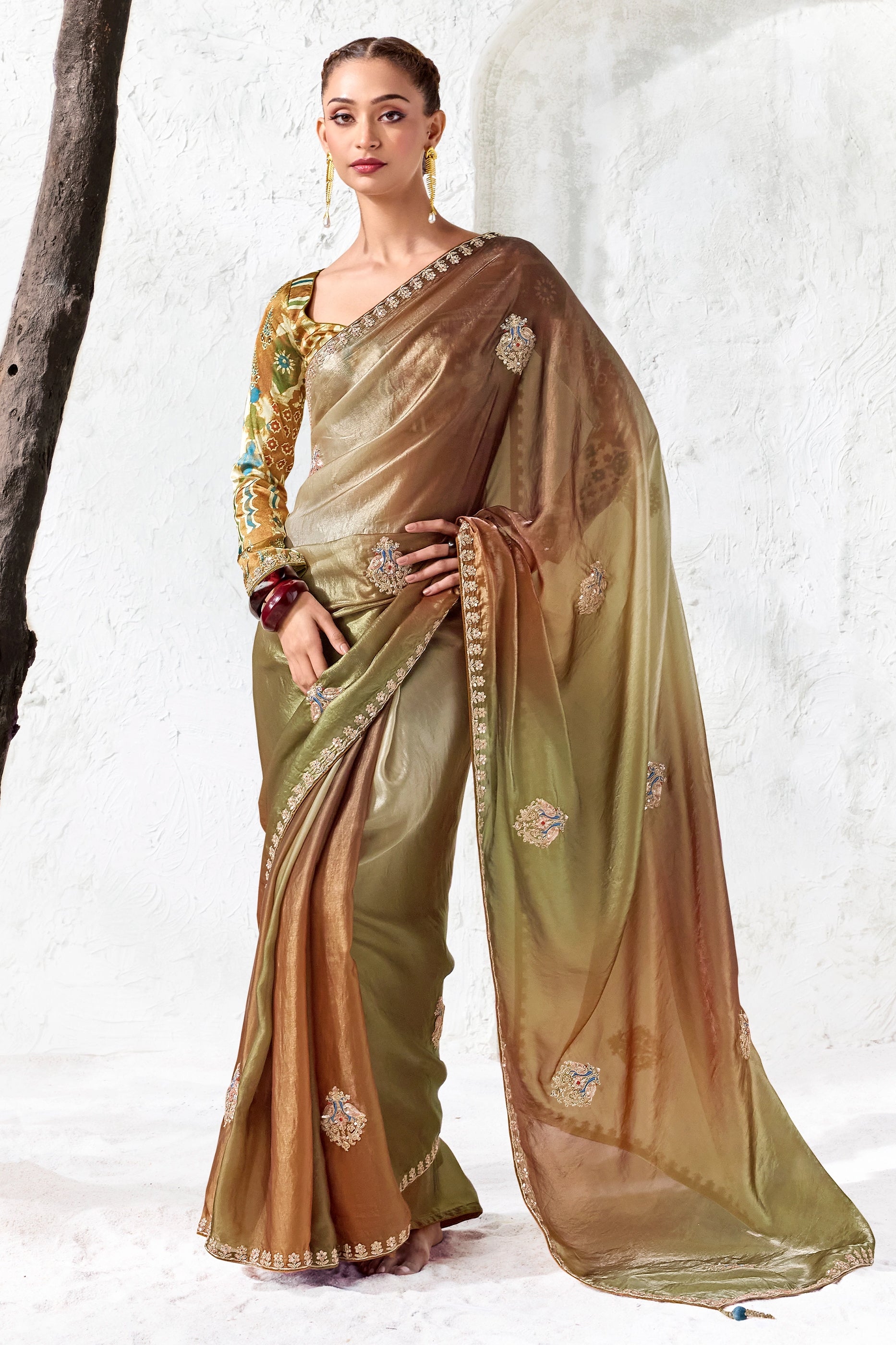 Green And Brown Embroidered Tissue Silk Saree-SAR13157_1_SareeButa.com
