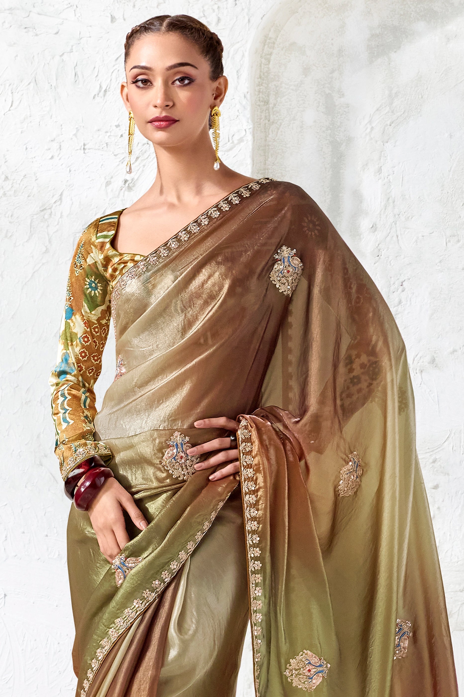 Green And Brown Embroidered Tissue Silk Saree-SAR13157_3_SareeButa.com