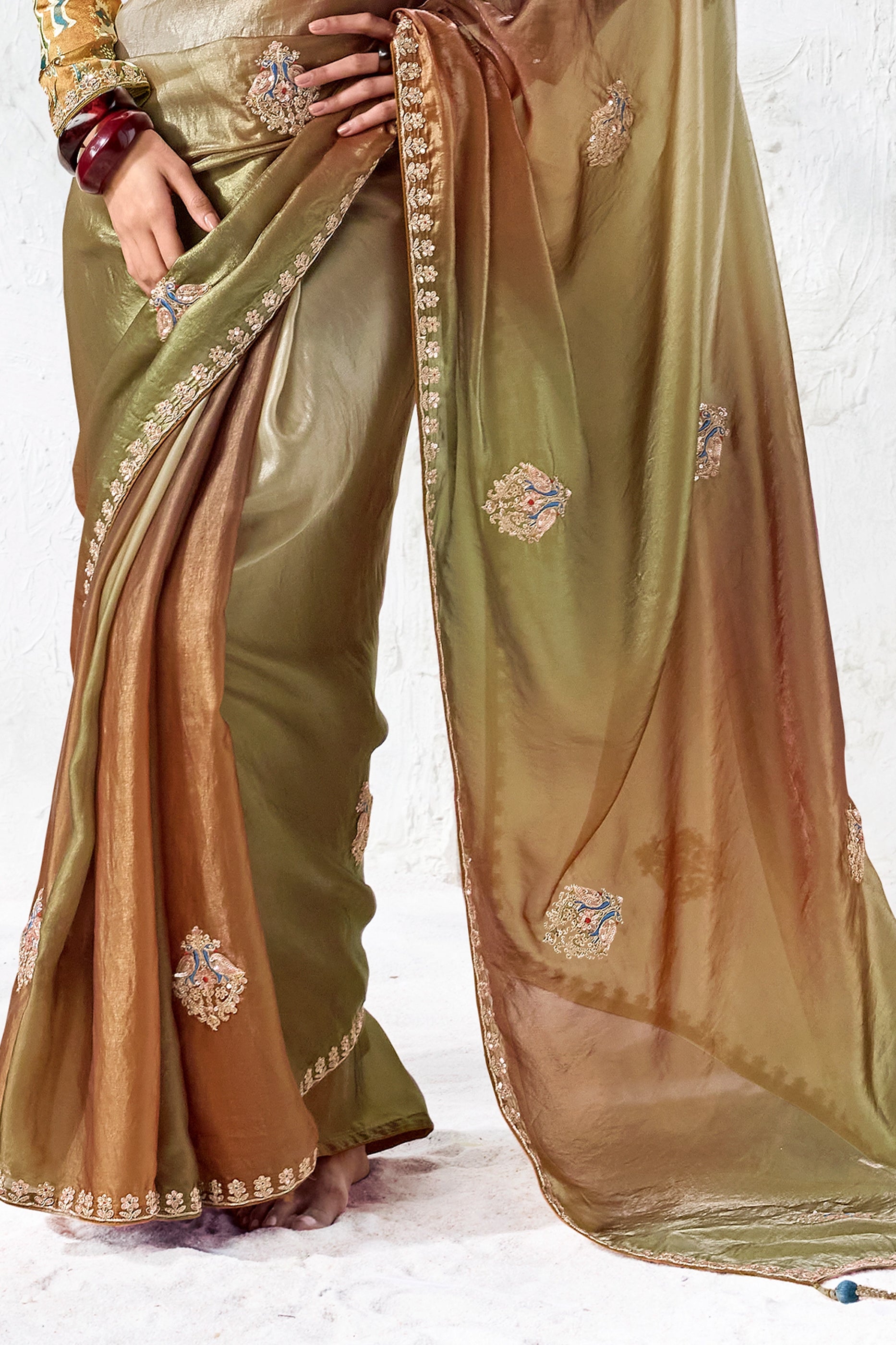 Green And Brown Embroidered Tissue Silk Saree-SAR13157_4_SareeButa.com