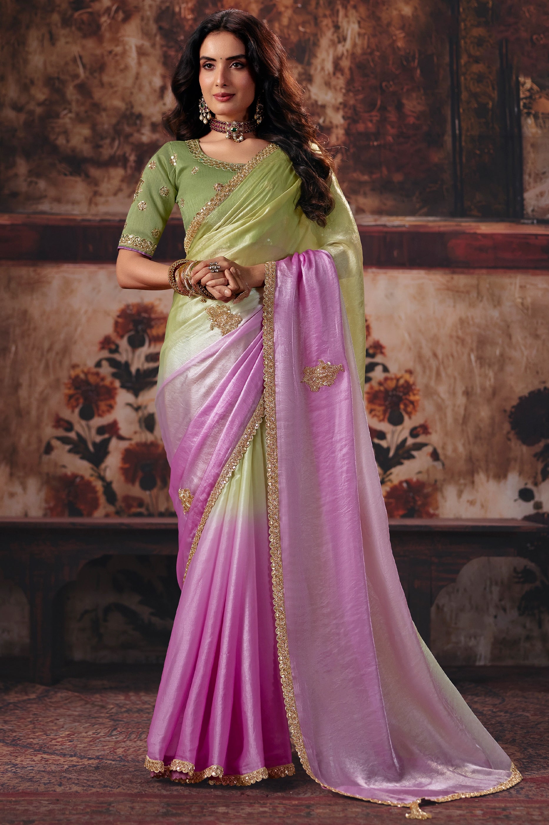 Green And Pink Embroidered Satin Saree-SAR13197_1_SareeButa.com