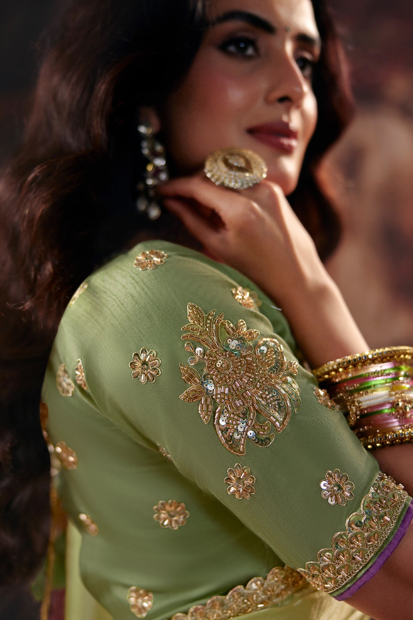 Green And Pink Embroidered Satin Saree-SAR13197_2_SareeButa.com