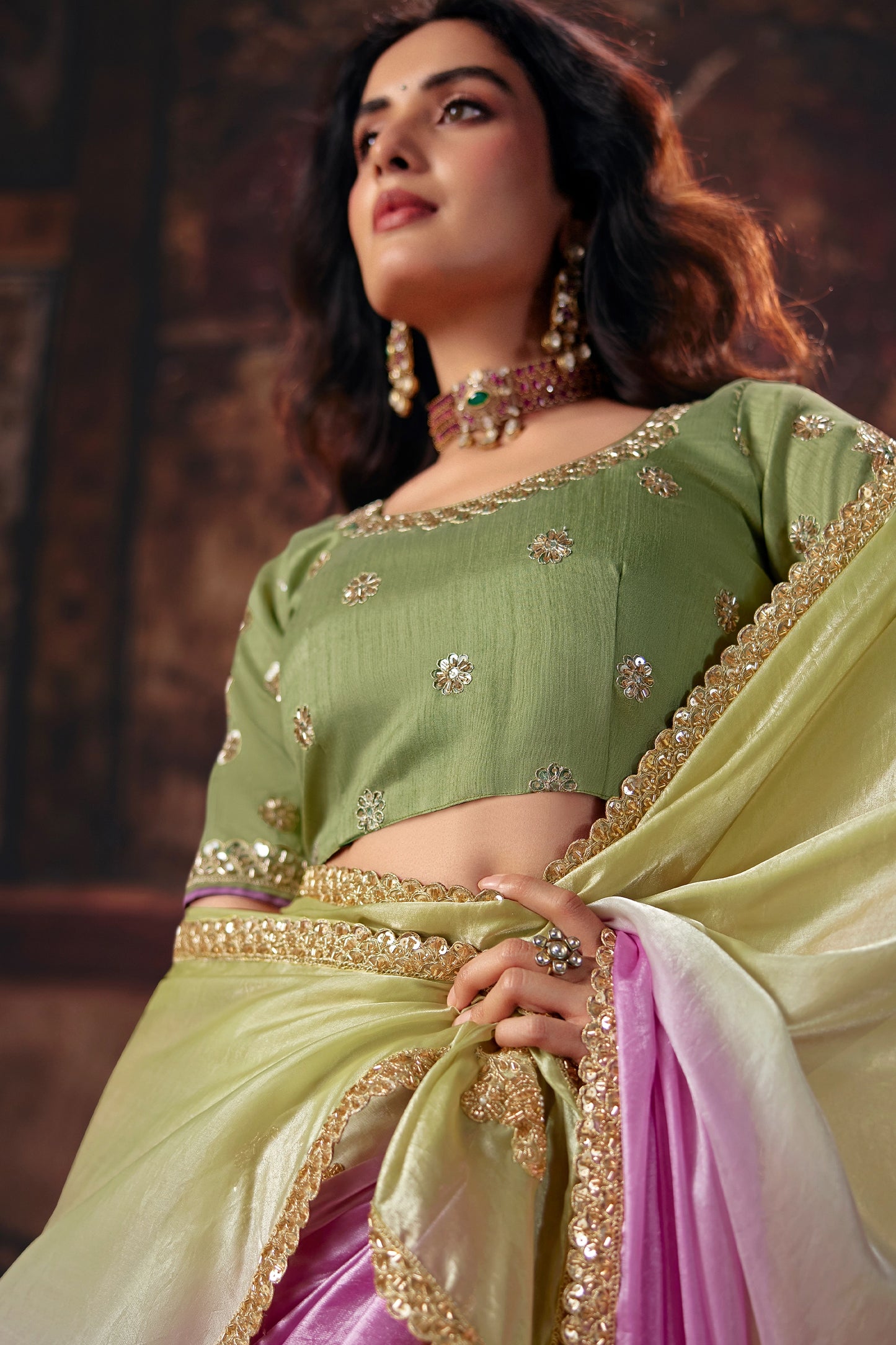 Green And Pink Embroidered Satin Saree-SAR13197_3_SareeButa.com