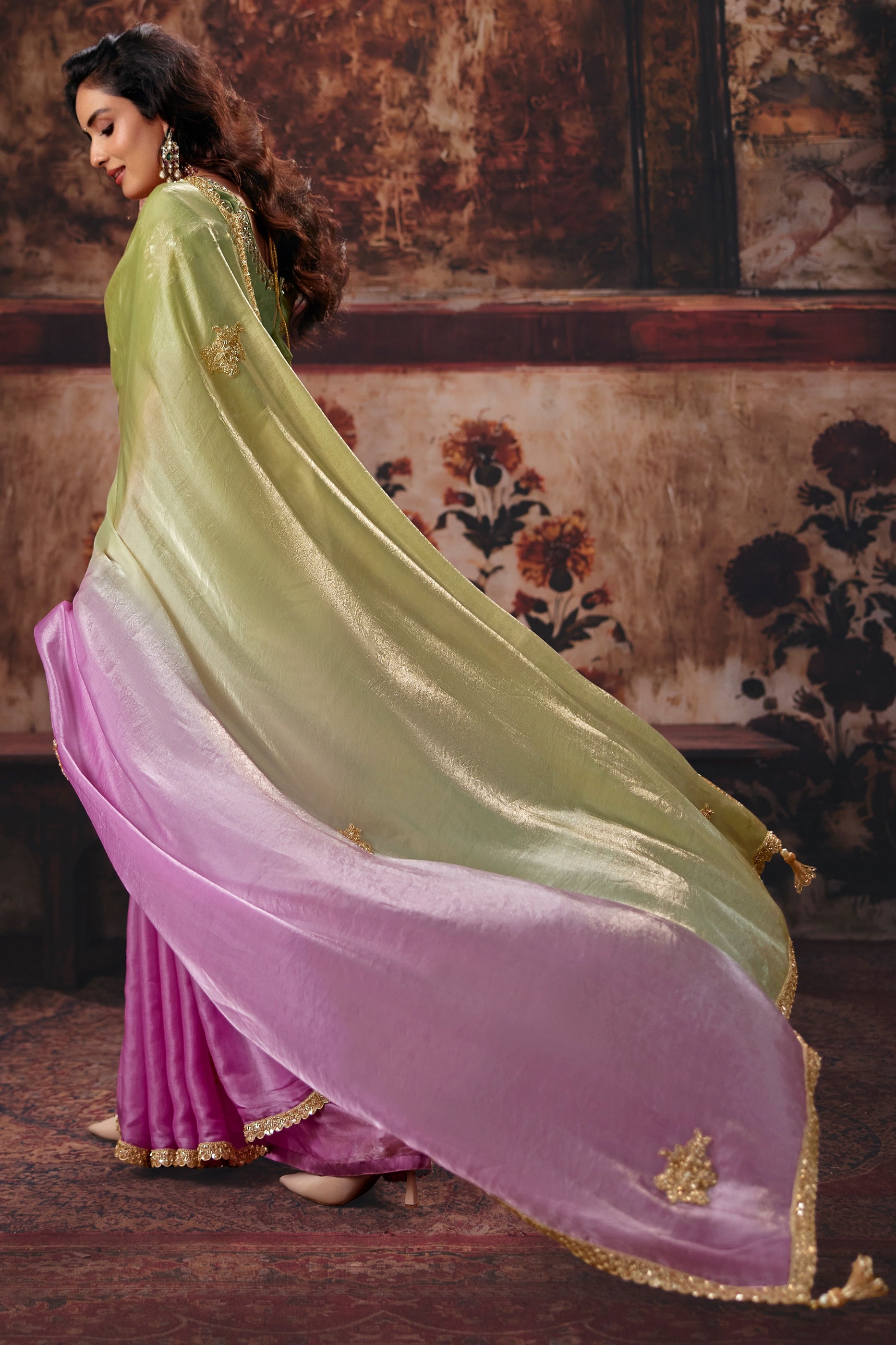 Green And Pink Embroidered Satin Saree-SAR13197_4_SareeButa.com