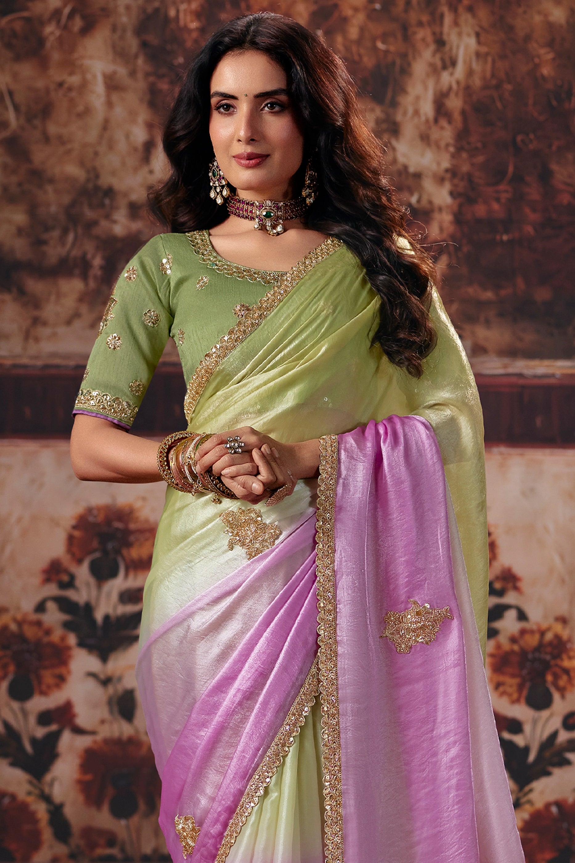 Green And Pink Embroidered Satin Saree-SAR13197_5_SareeButa.com